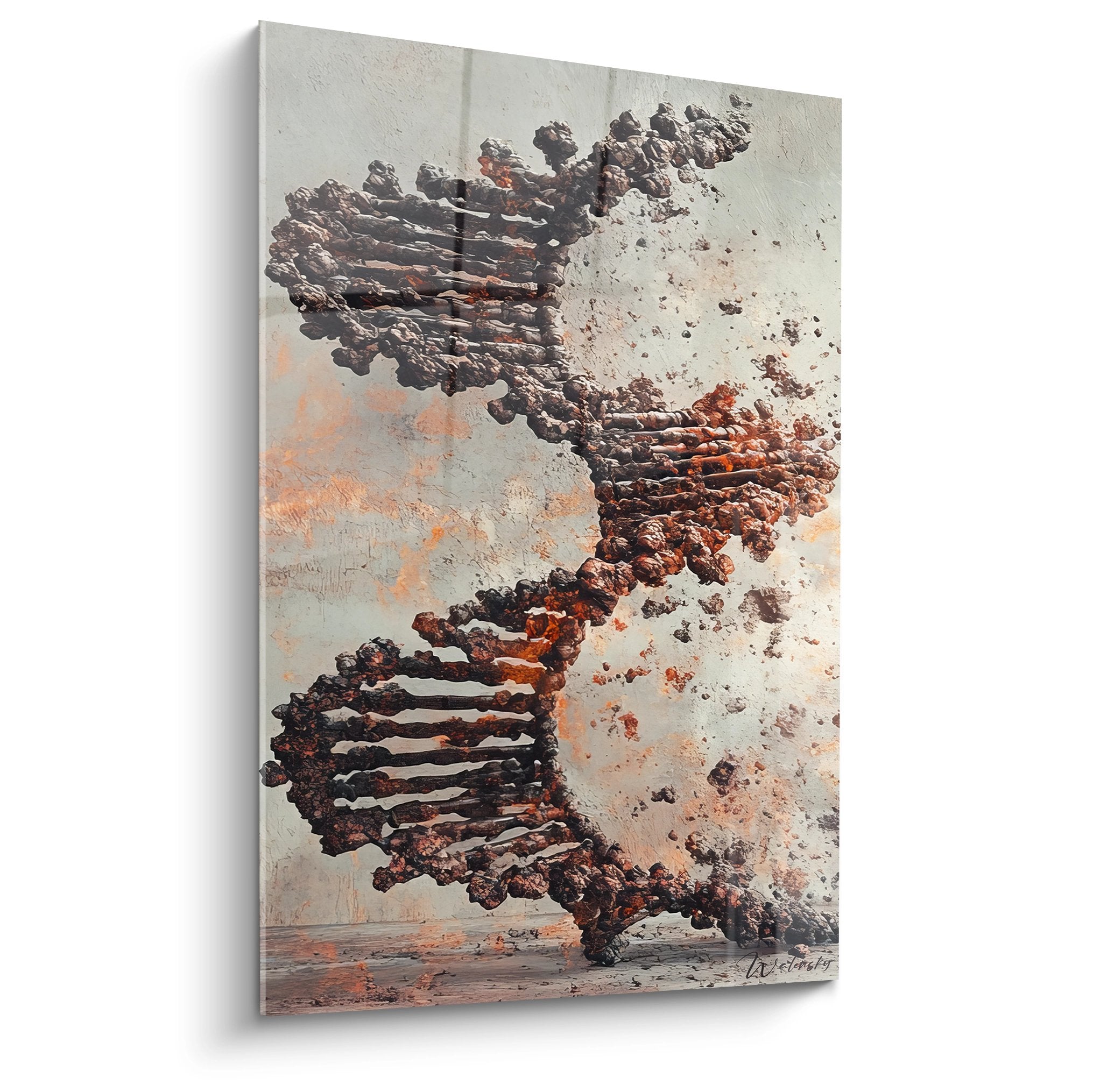 Tableau mural hélice ADN en décomposition avec spirale génétique fragmentée style artistique contemporain