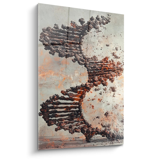 Tableau mural hélice ADN en décomposition avec spirale génétique fragmentée style artistique contemporain