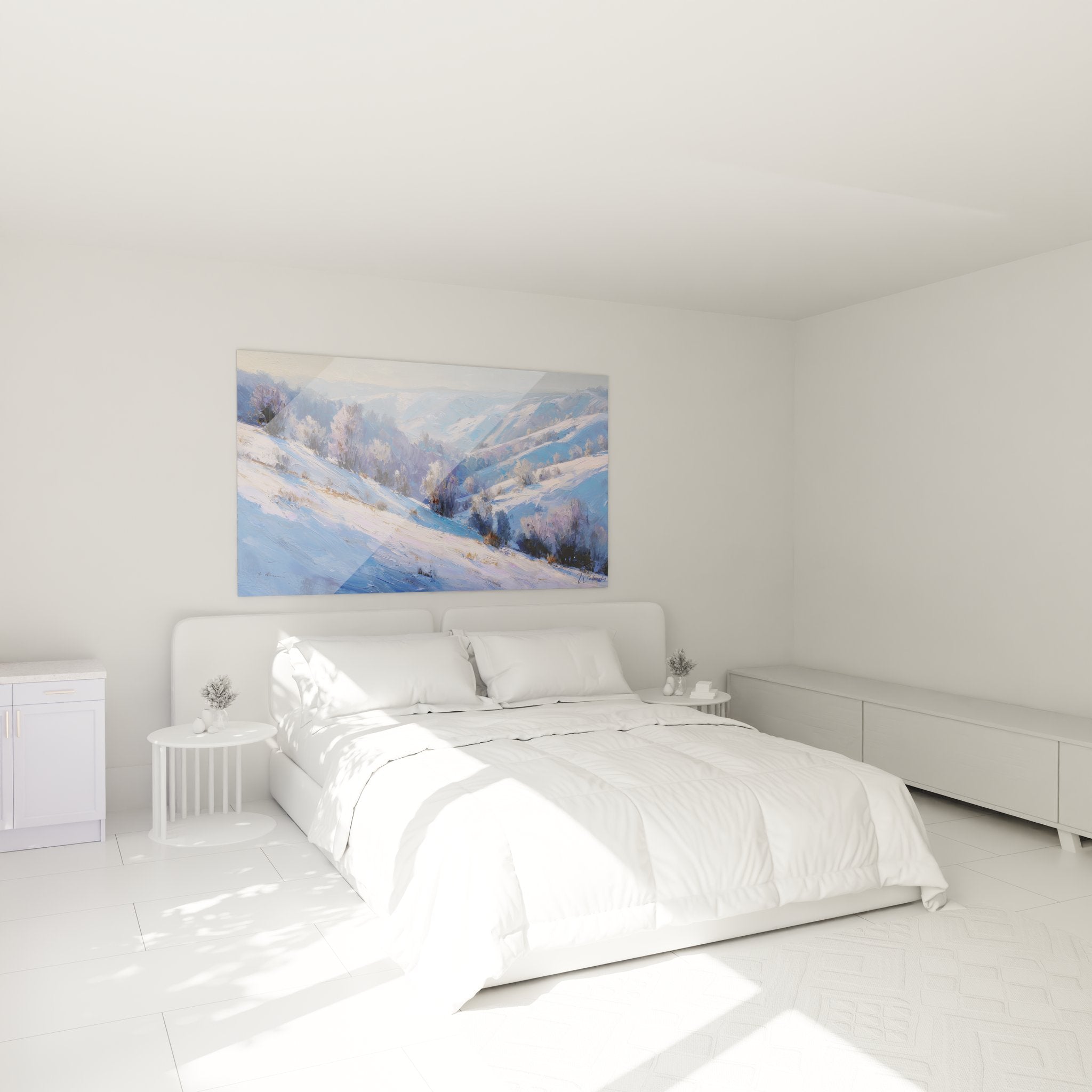 Tableau mural paysage hiver décorant une chambre moderne avec vallée enneigée et montagnes