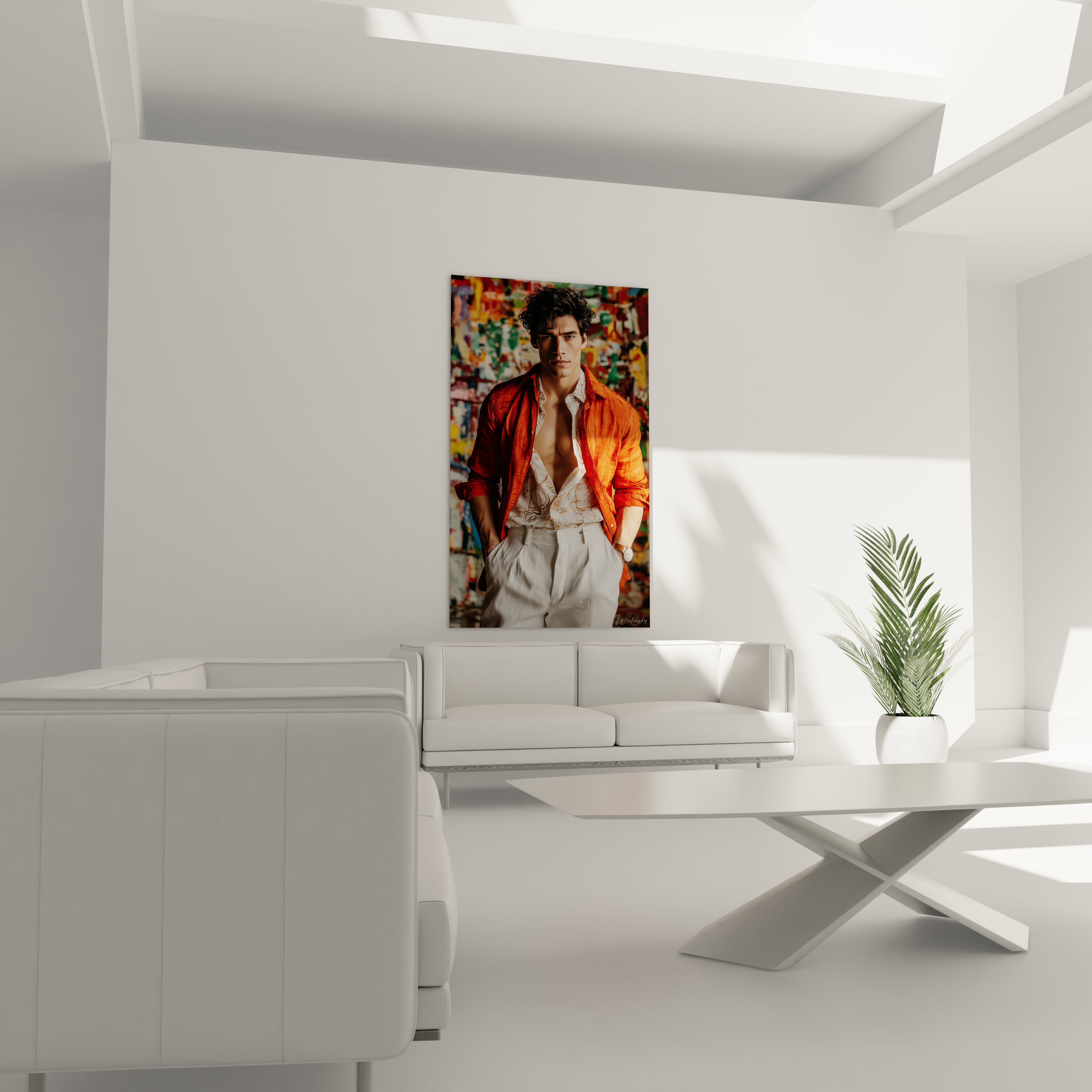 Tableau mural homme mode avec un modèle en vêtements modernes sur fond coloré