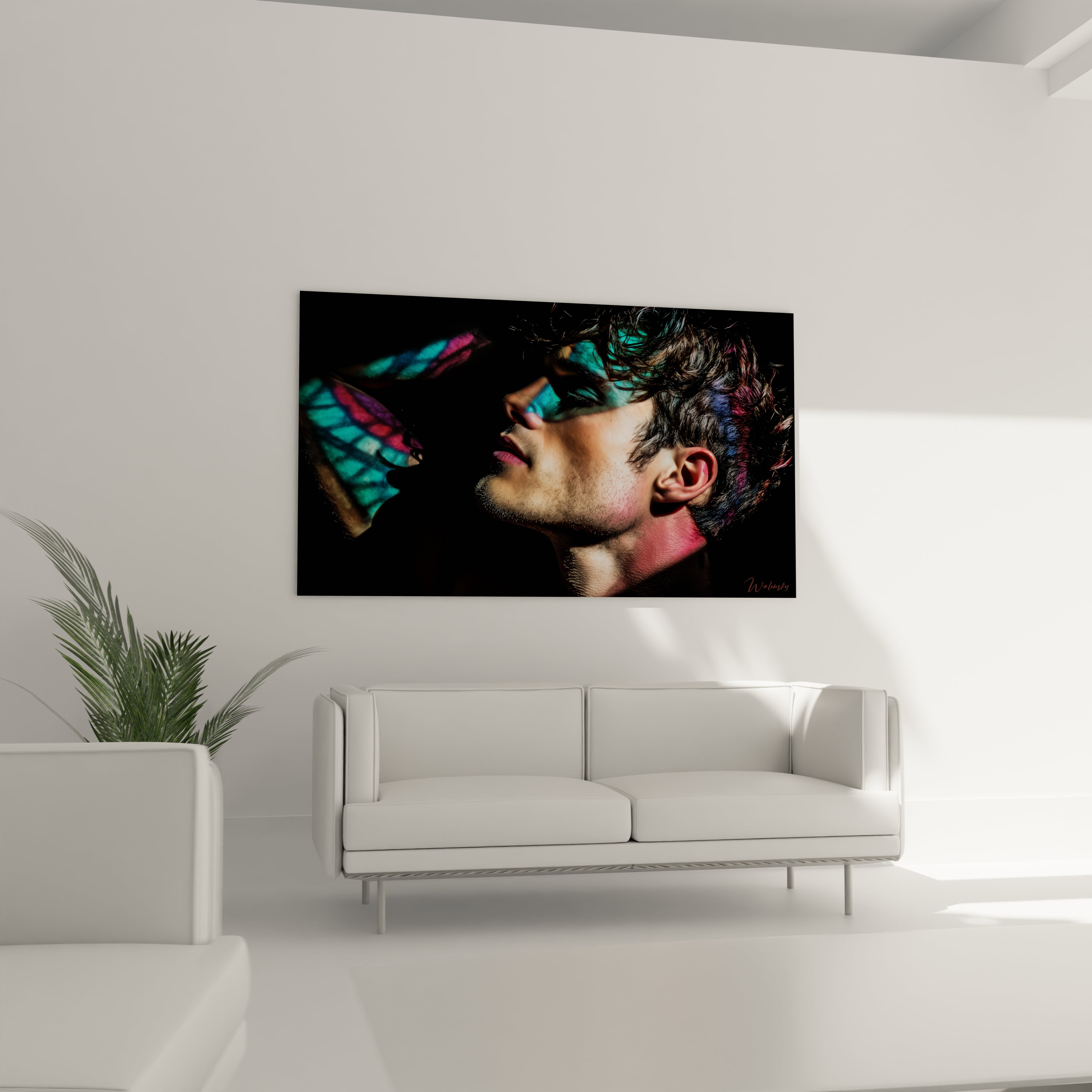 Tableau mural homme moderne avec un portrait artistique mettant en valeur des couleurs vives
