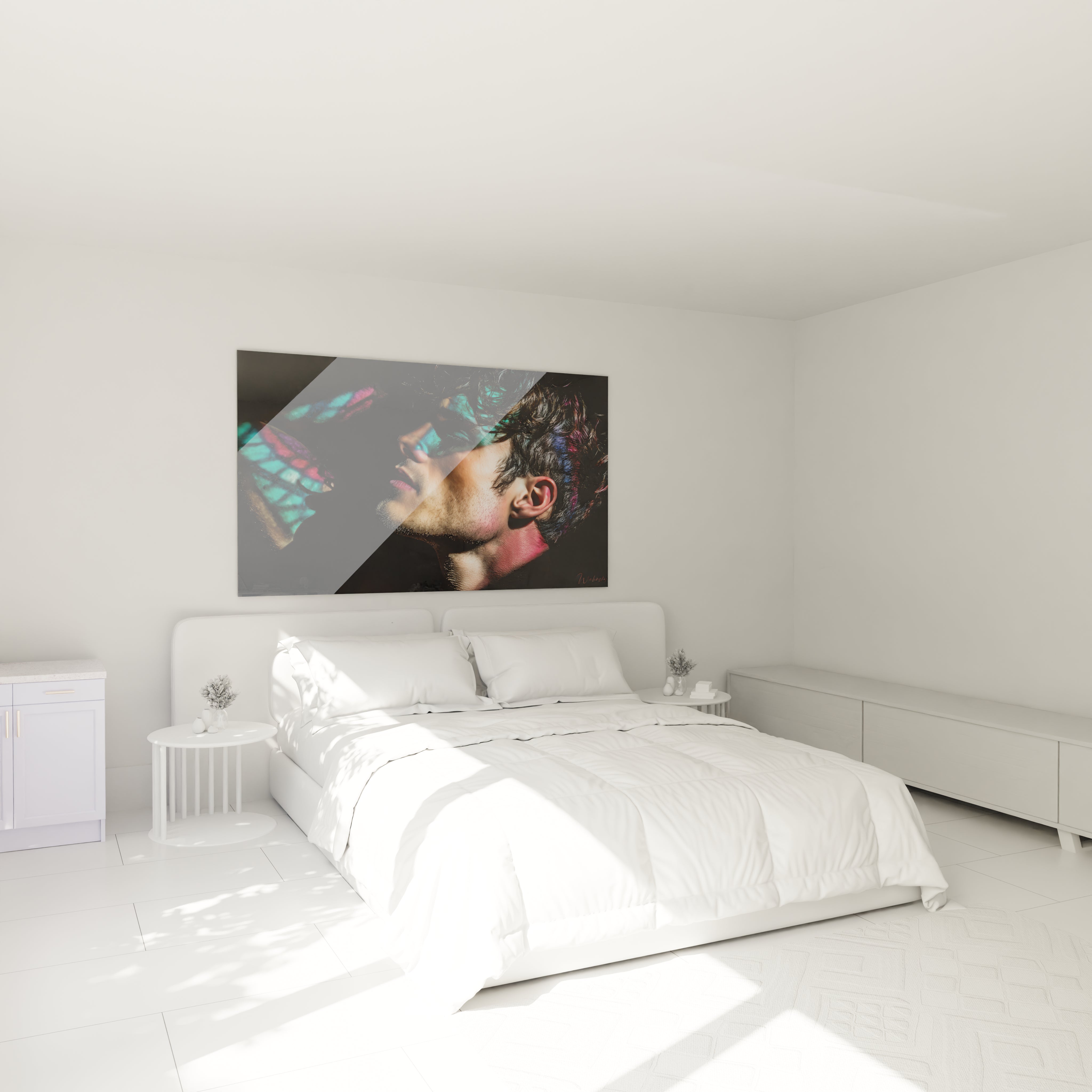 Tableau mural homme moderne de Walensky dans une chambre aux murs blancs et à la lumière naturelle