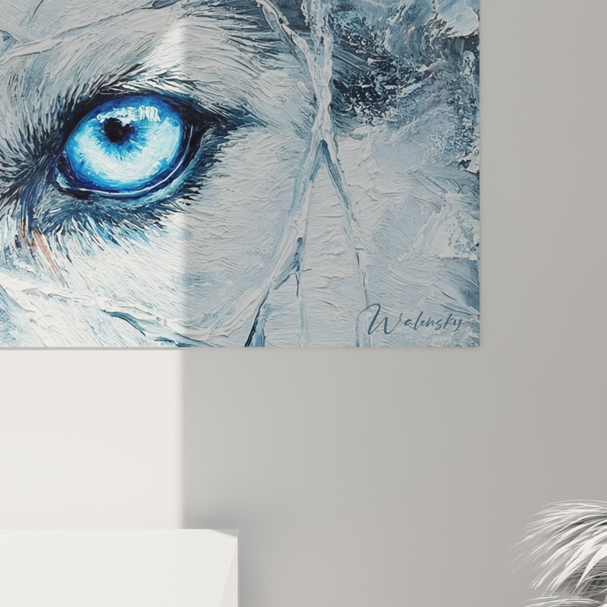 tableau mural husky siberien salon decoration nordique regard perçant tons glaces