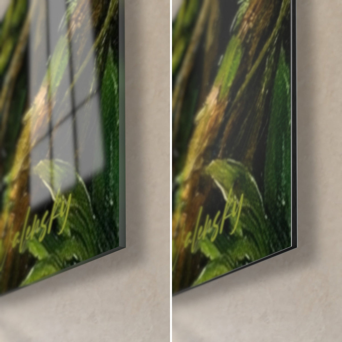 Tableau jungle tropicale verte et brune, coin bas droit : verre acrylique brillant à gauche, alu Dibond mat à droite, tranche de 3 mm visible