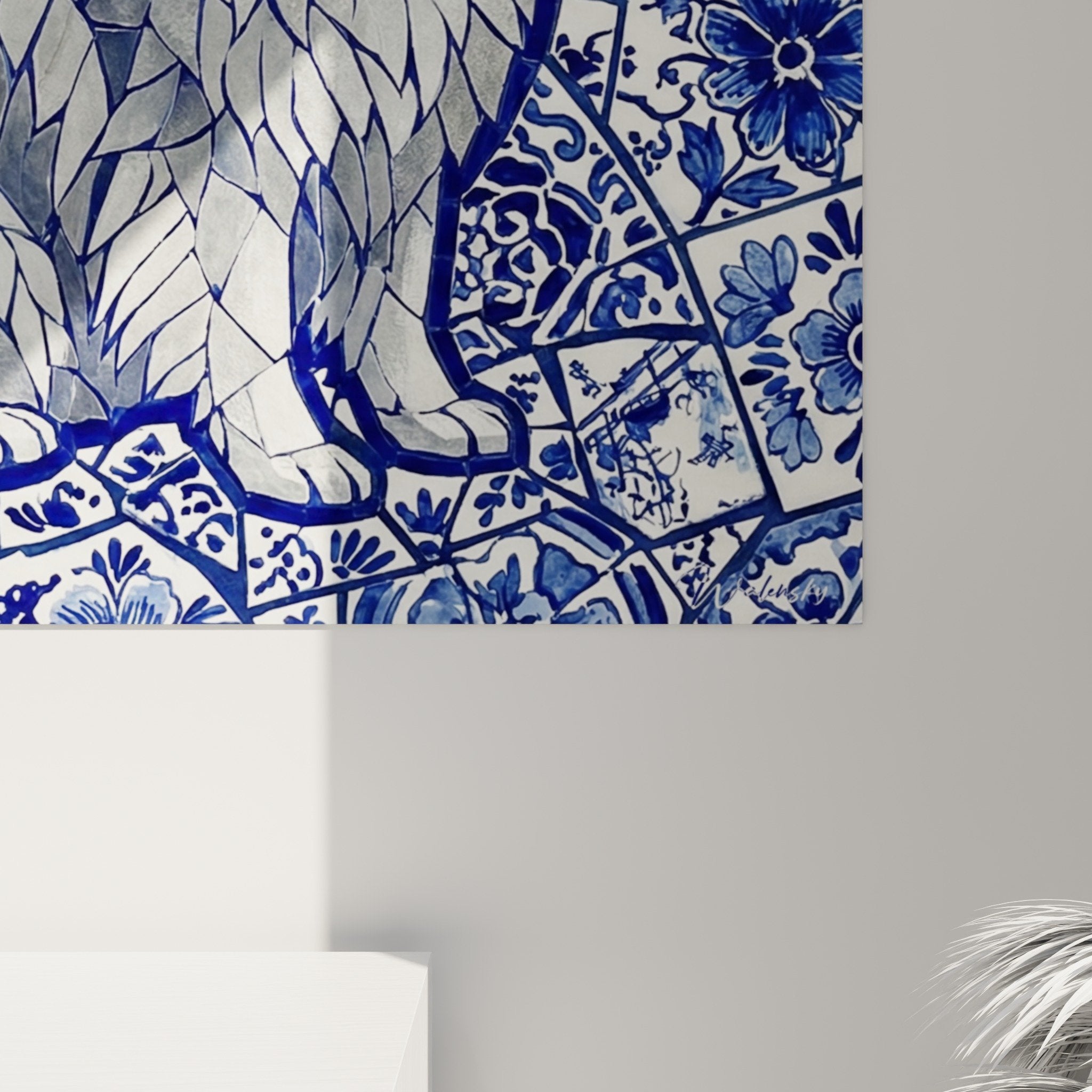 Tableau mural Keeshond art geometrique bleu carreaux hollandais decoration interieur moderne