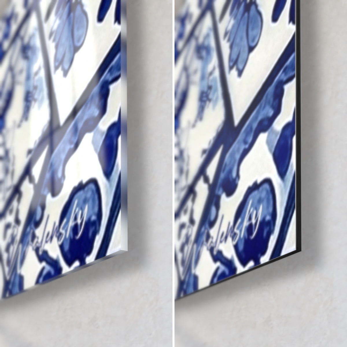 Tableau chien spitz en mosaïque Delft, coin bas droit : verre acrylique brillant et Dibond mat blanc et bleu, tranche de 3 mm