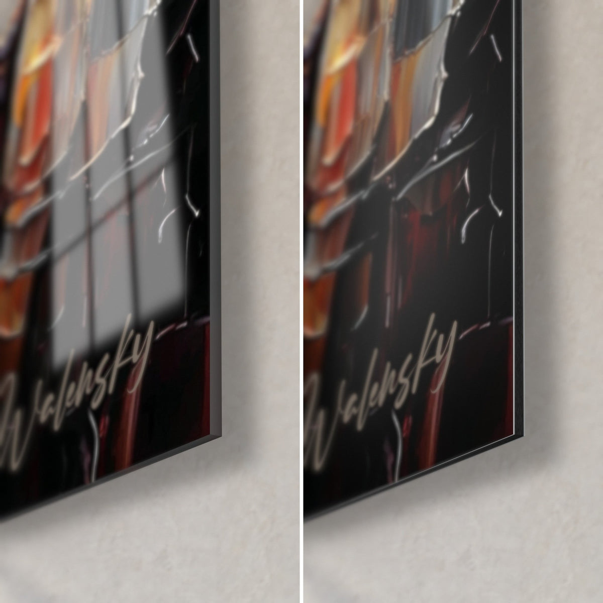 Wall art tree with red blossoms on a cliff, Walensky signature bottom right, glossy glass on the left, matte Dibond on the right