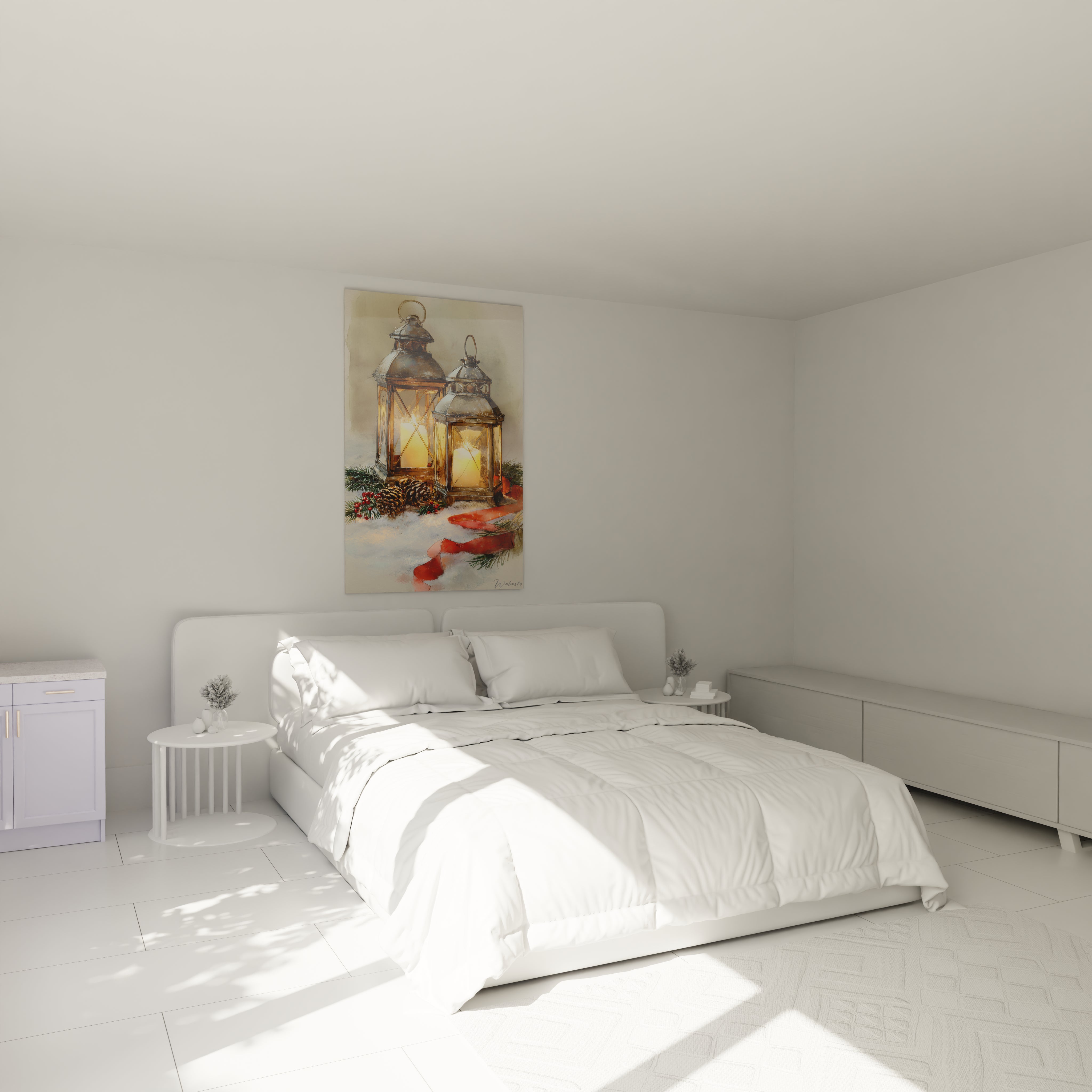 Tableau mural lanternes de Noël décorant une chambre lumineuse avec lit et mobilier moderne