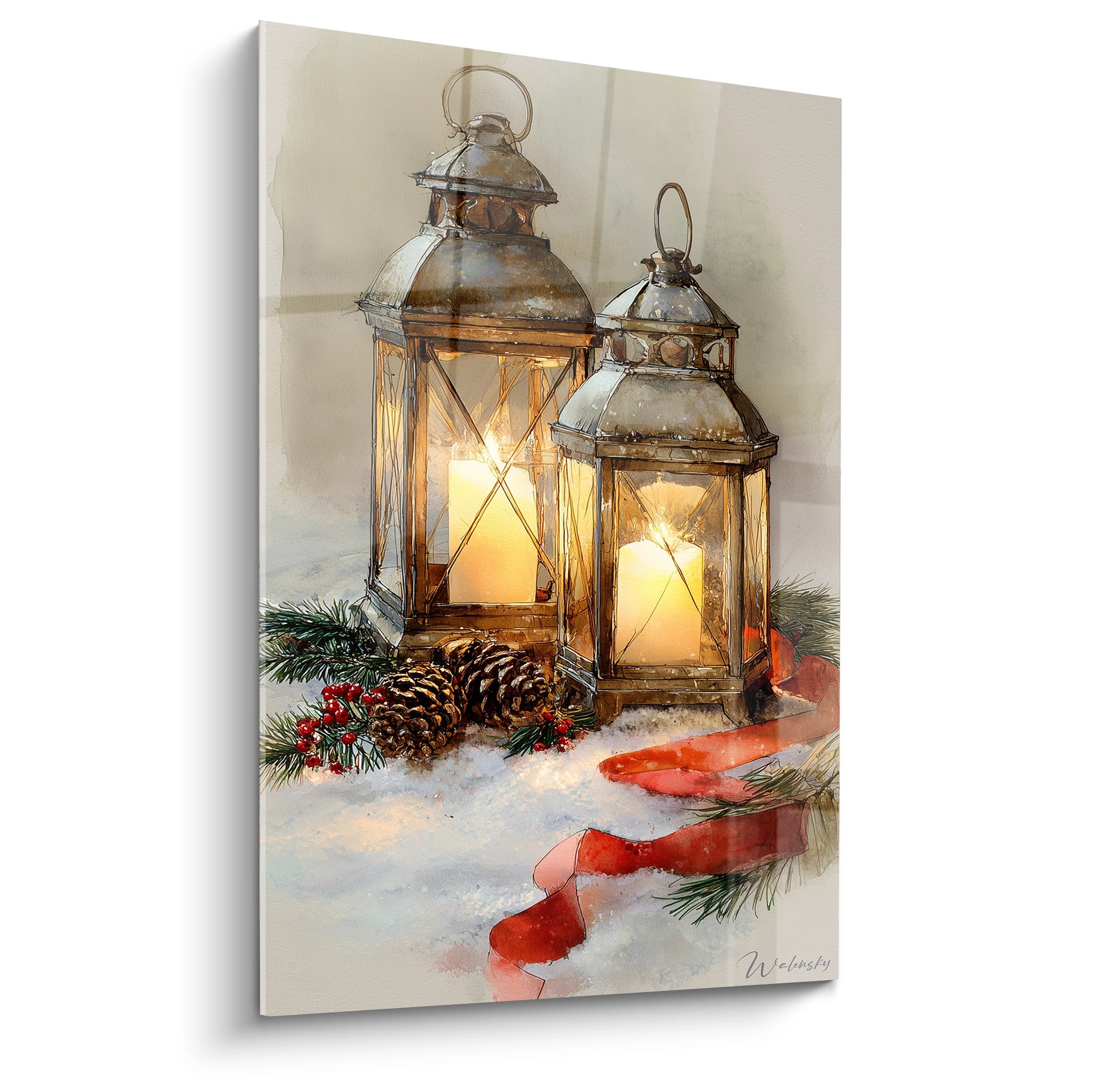 Tableau mural lanternes de Noël avec lumières douces et décorations hivernales