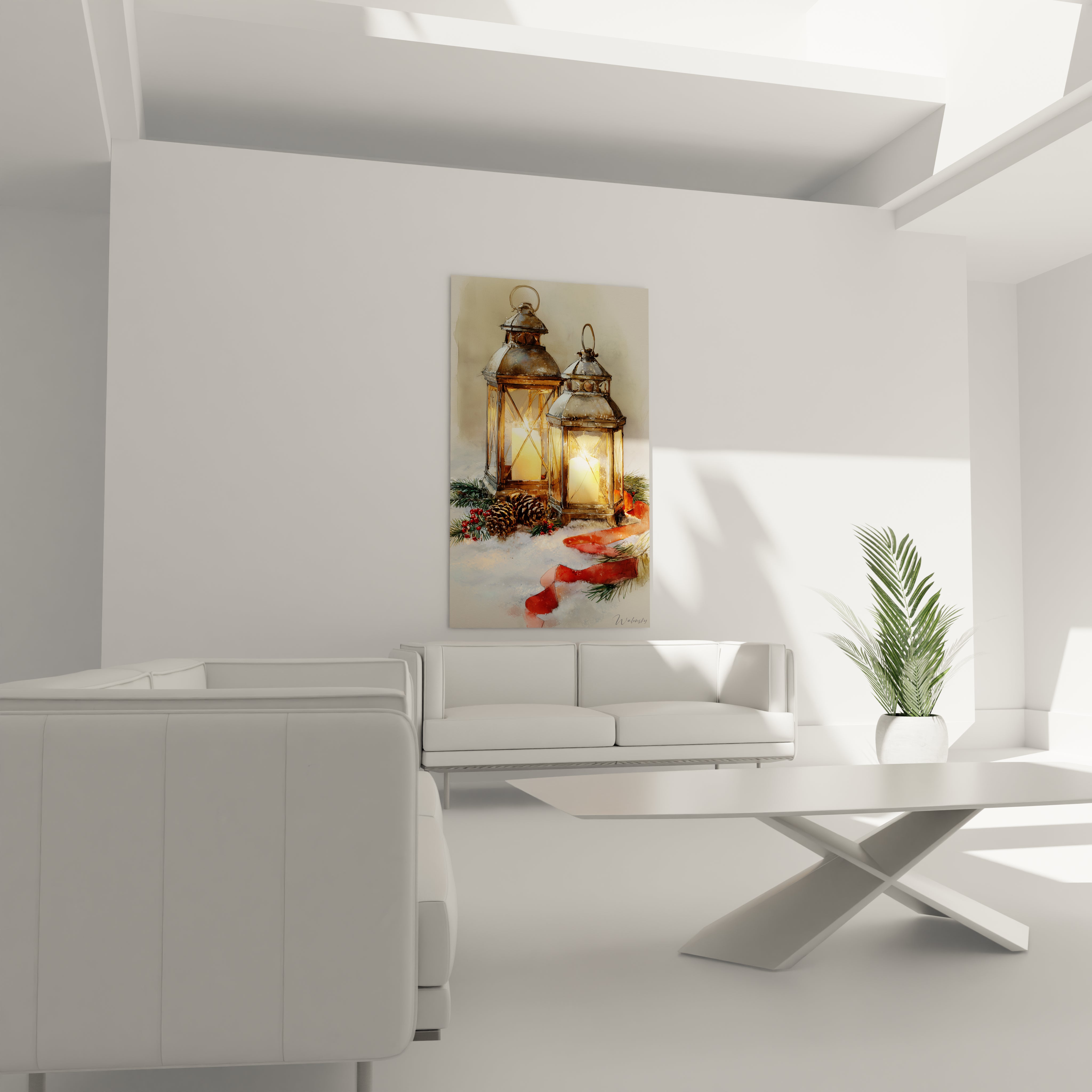 Tableau mural lanternes de Noël décoratif avec ambiance chaleureuse dans un salon moderne