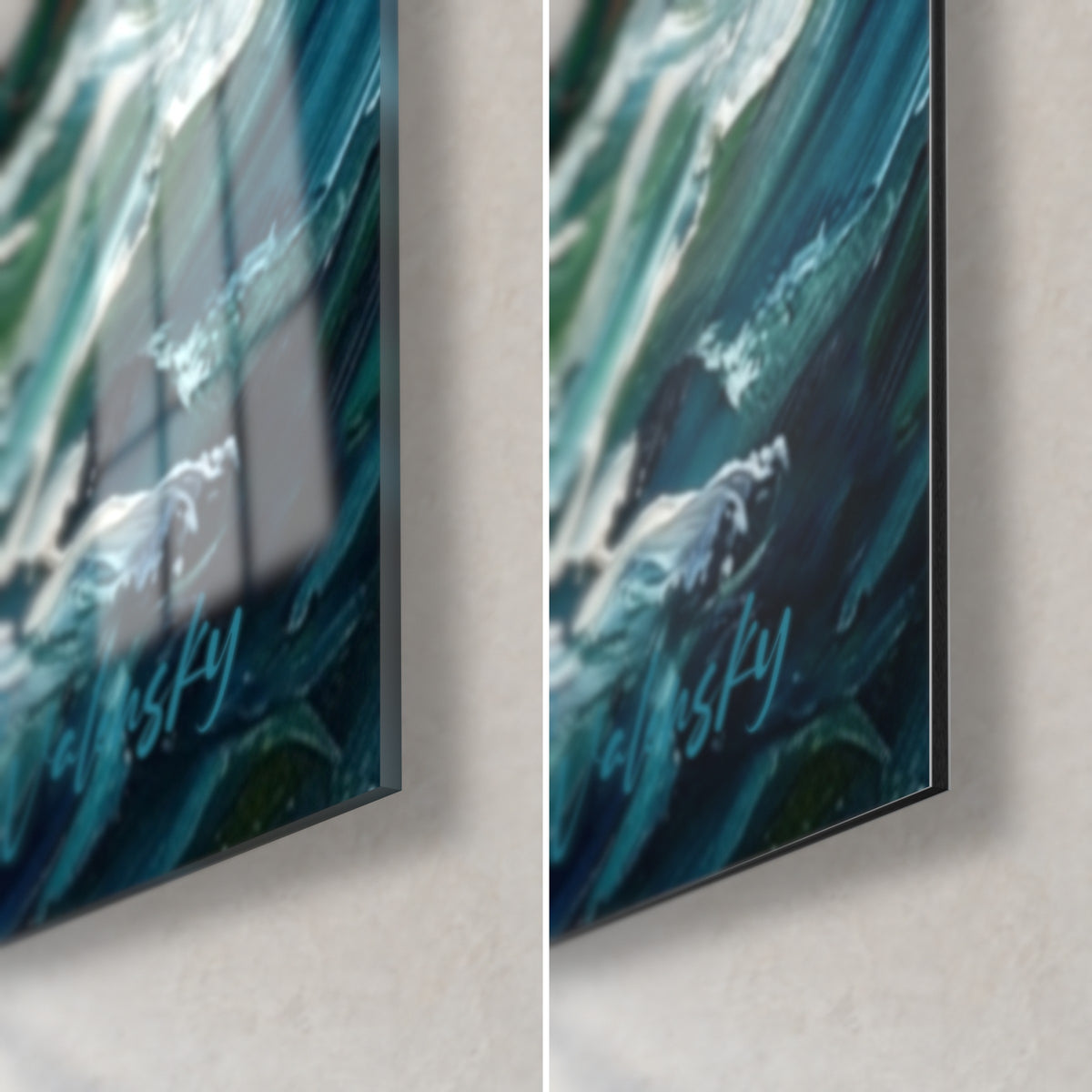 Cuadro mastín leonado sobre su barca, esquina inferior derecha: vidrio acrílico brillante con reflejos y aluminio Dibond mate, canto de 3 mm
