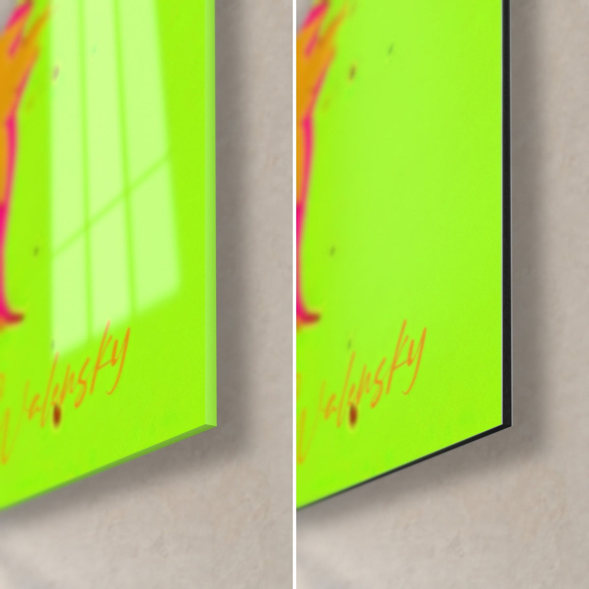 Gemälde Hundeporträt in Neonfarben, untere rechte Ecke: glänzendes Acrylglas, das links das Fenster spiegelt, rechts mattschwarzes Dibond, Zitronengrün