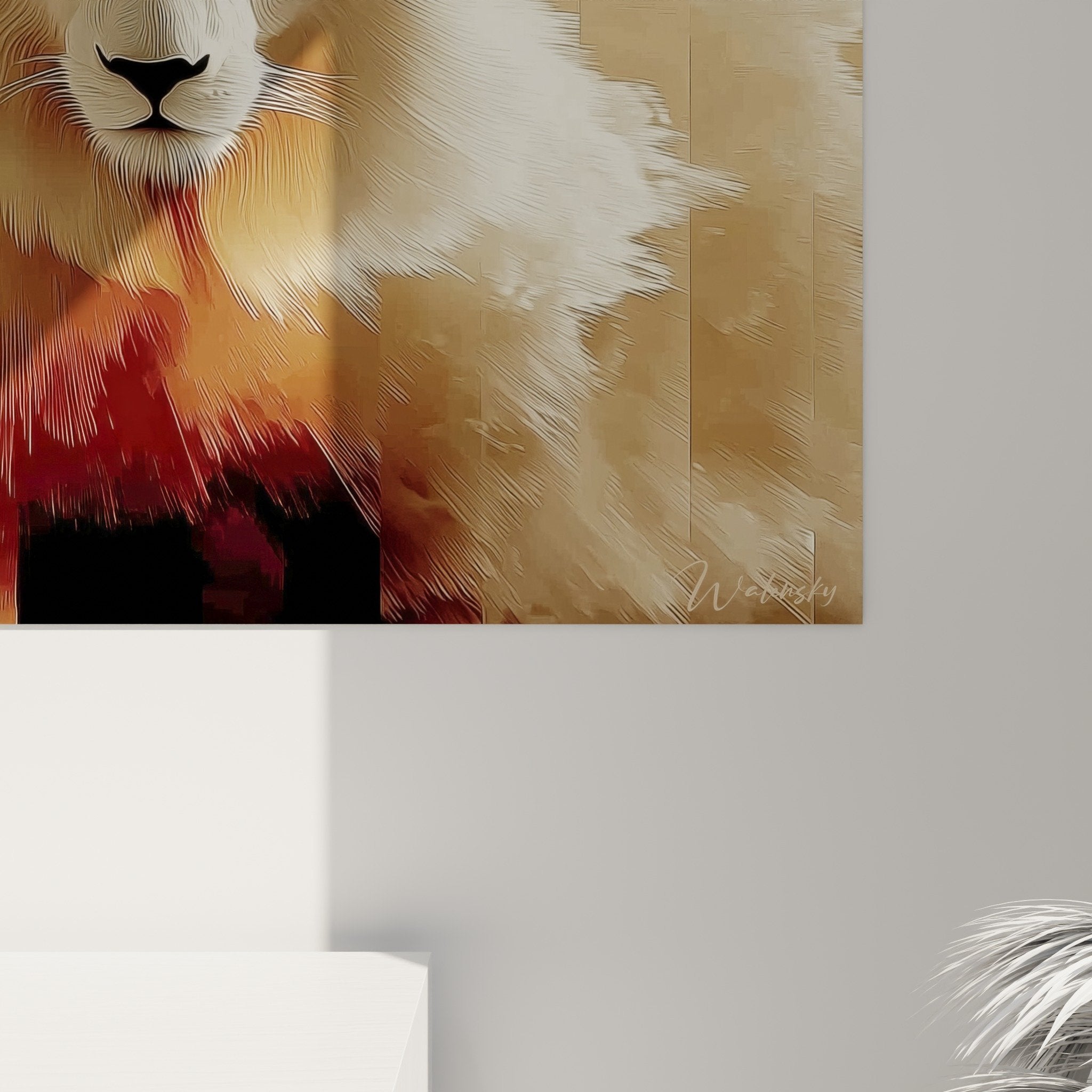 Tableau mural lion tons chauds perspective decoration interieur elegant moderne