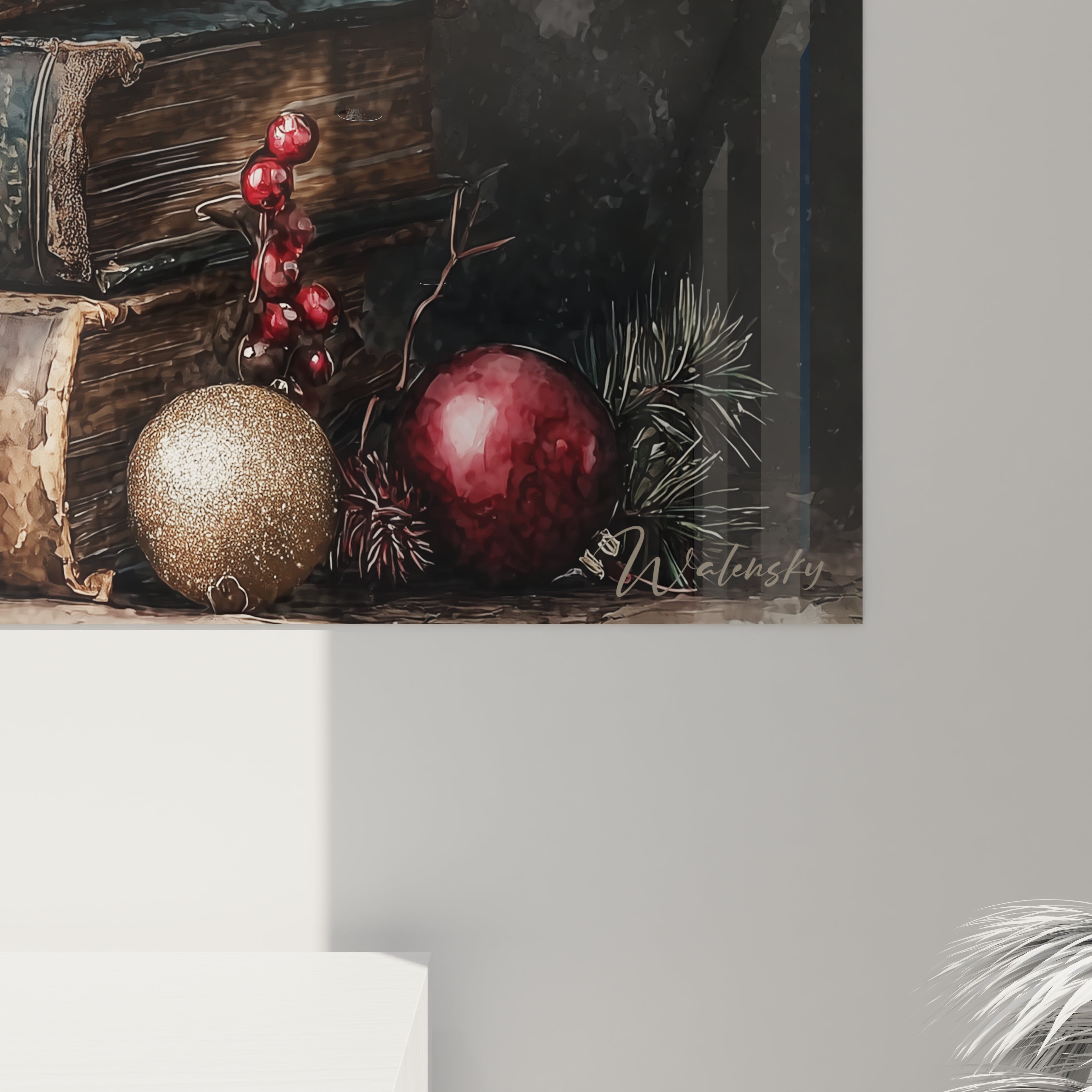 Tableau mural livres Noël avec des ornements de Noël, idéal pour décorer un intérieur festif