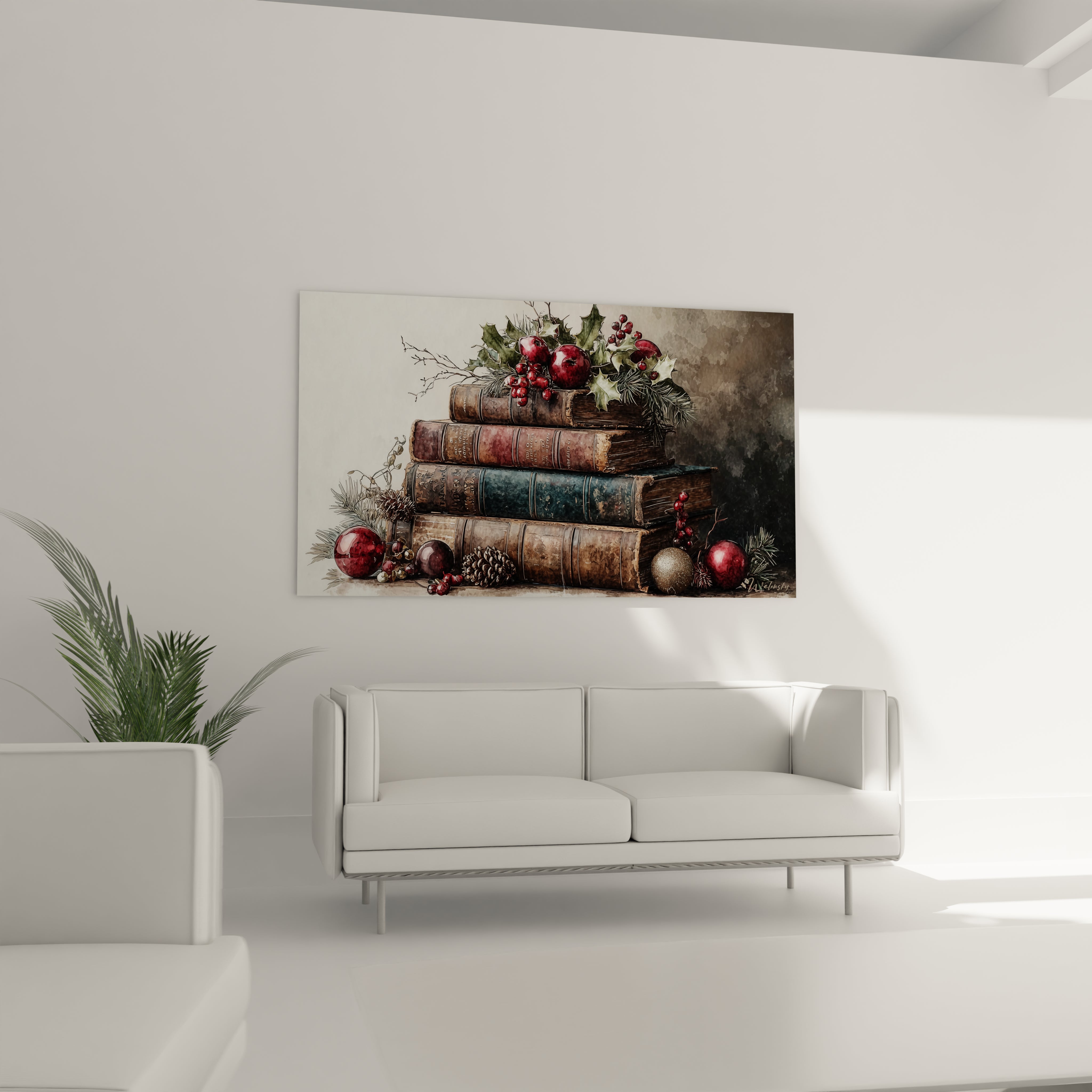 Tableau mural livres Noël décoratif avec des livres empilés et des ornements festifs