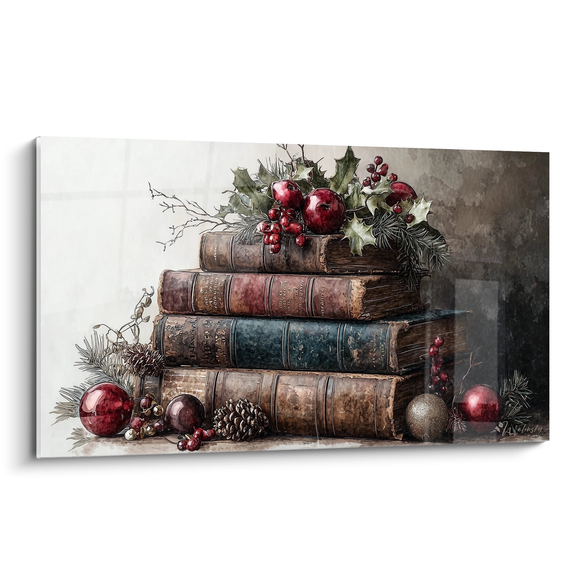 Tableau mural livres Noël avec des livres anciens décorés de baies et boules de Noël