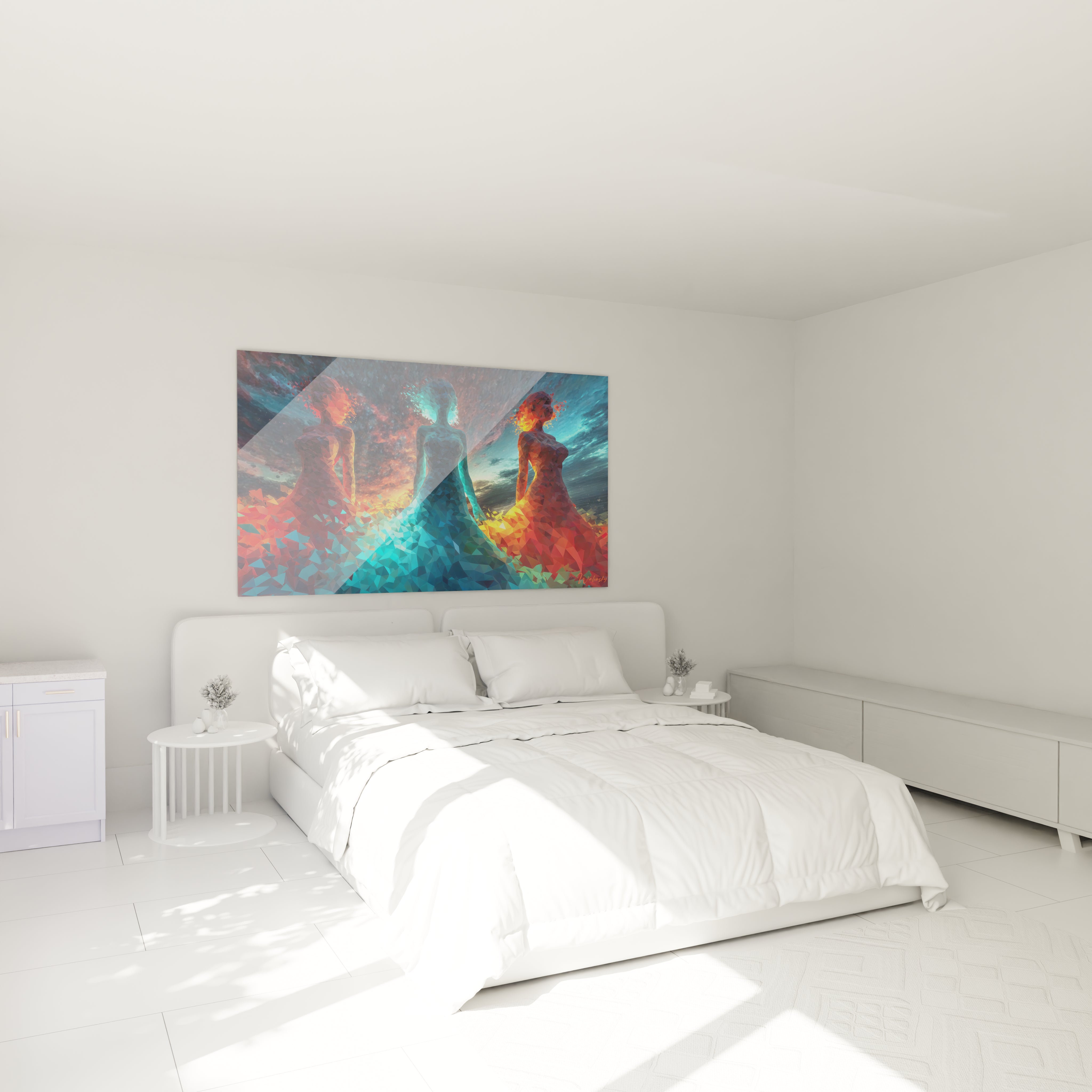Tableau mural low-poly coloré représentant des robes élégantes dans une chambre moderne