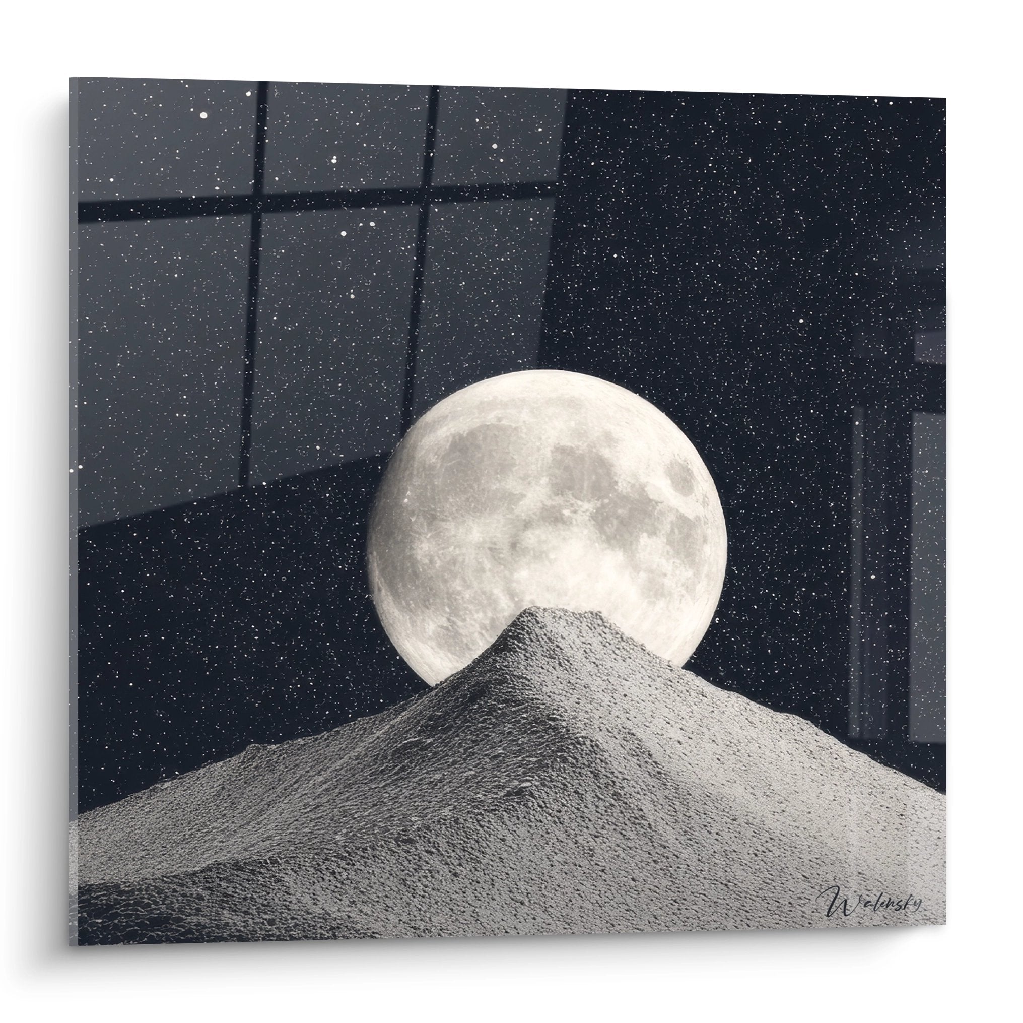 Tableau mural lune et montagne avec ciel étoilé - Art nocturne décoratif pour intérieur moderne