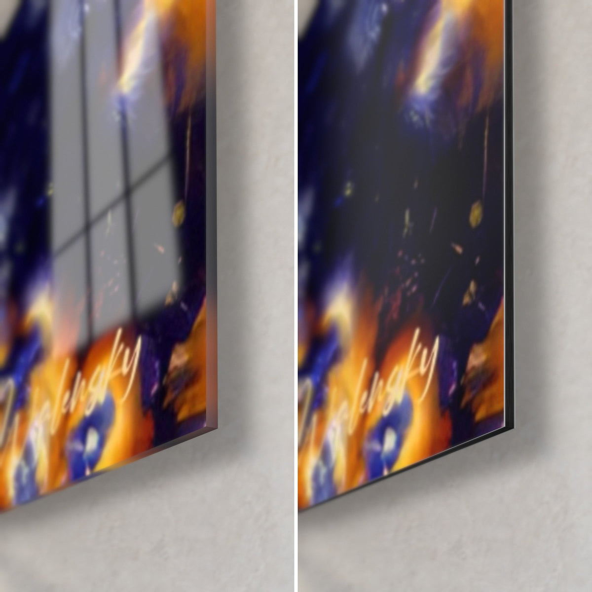 Gemälde mit Fraktal in Nachtblau und glühendem Orange, untere rechte Ecke aus glänzendem Glas und mattem Dibond, 3 mm Kante sichtbar