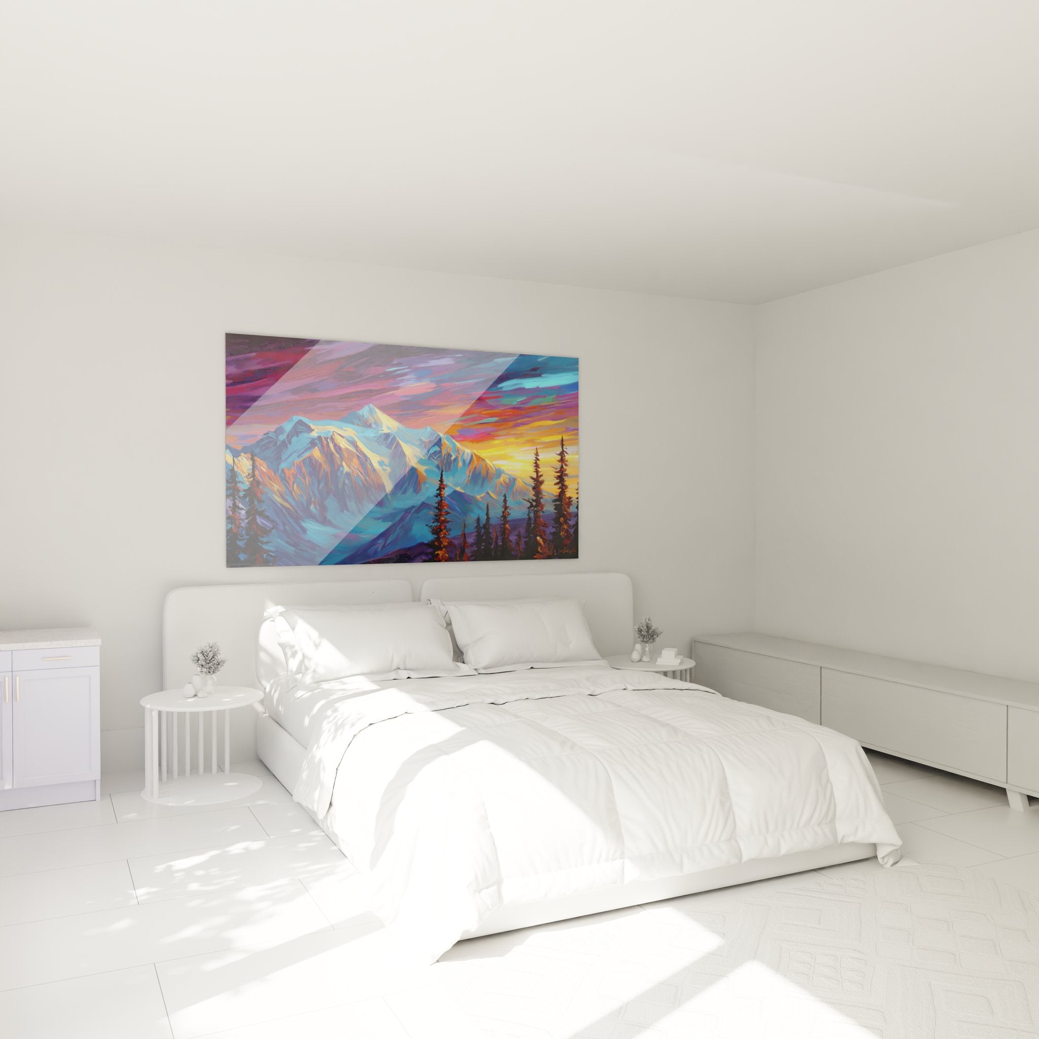 Tableau décoratif montagne dans chambre moderne, art mural paysage alpin avec sommets enneigés au coucher soleil