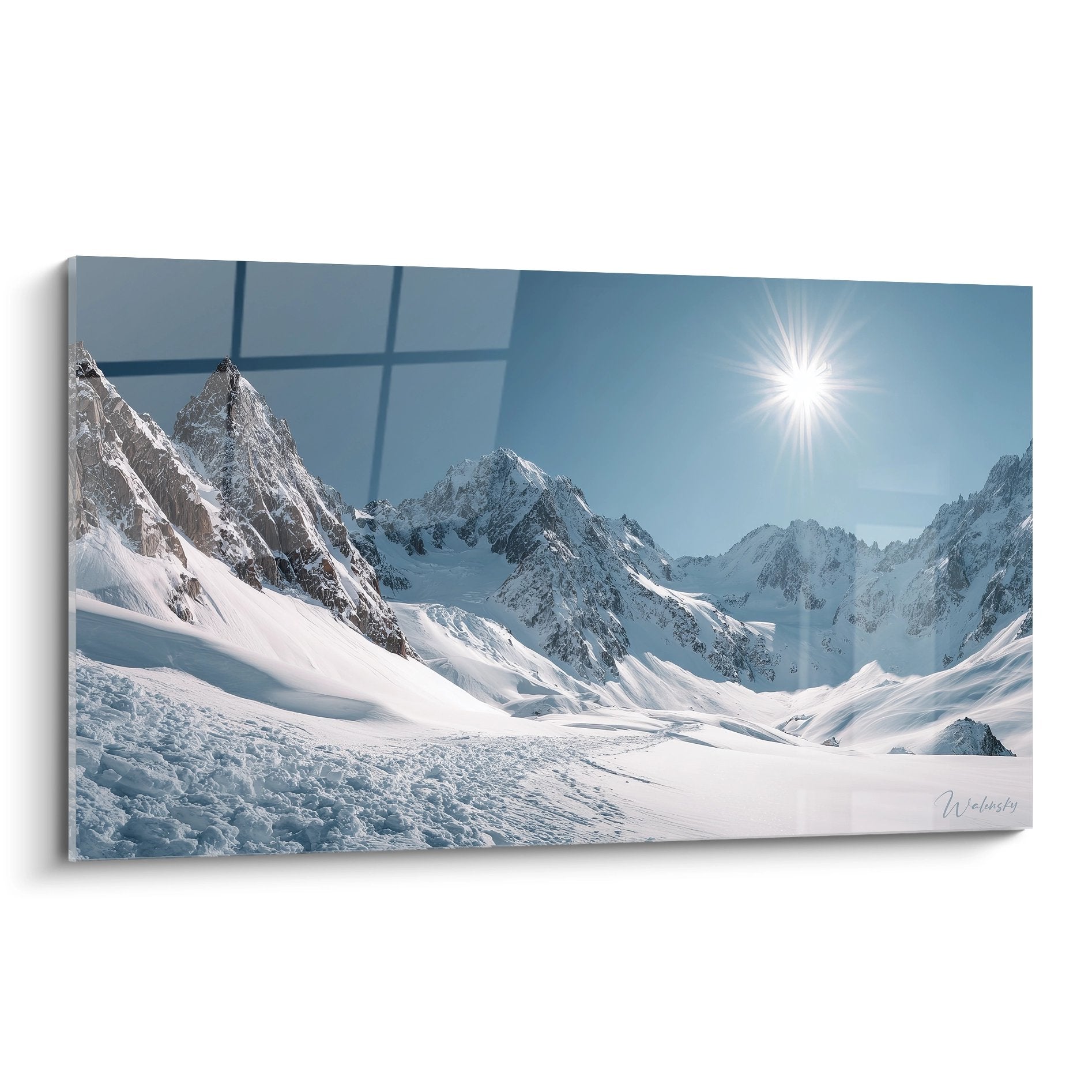 Tableau mural montagne enneigée avec glaciers alpins sous soleil éclatant, paysage hivernal majestueux