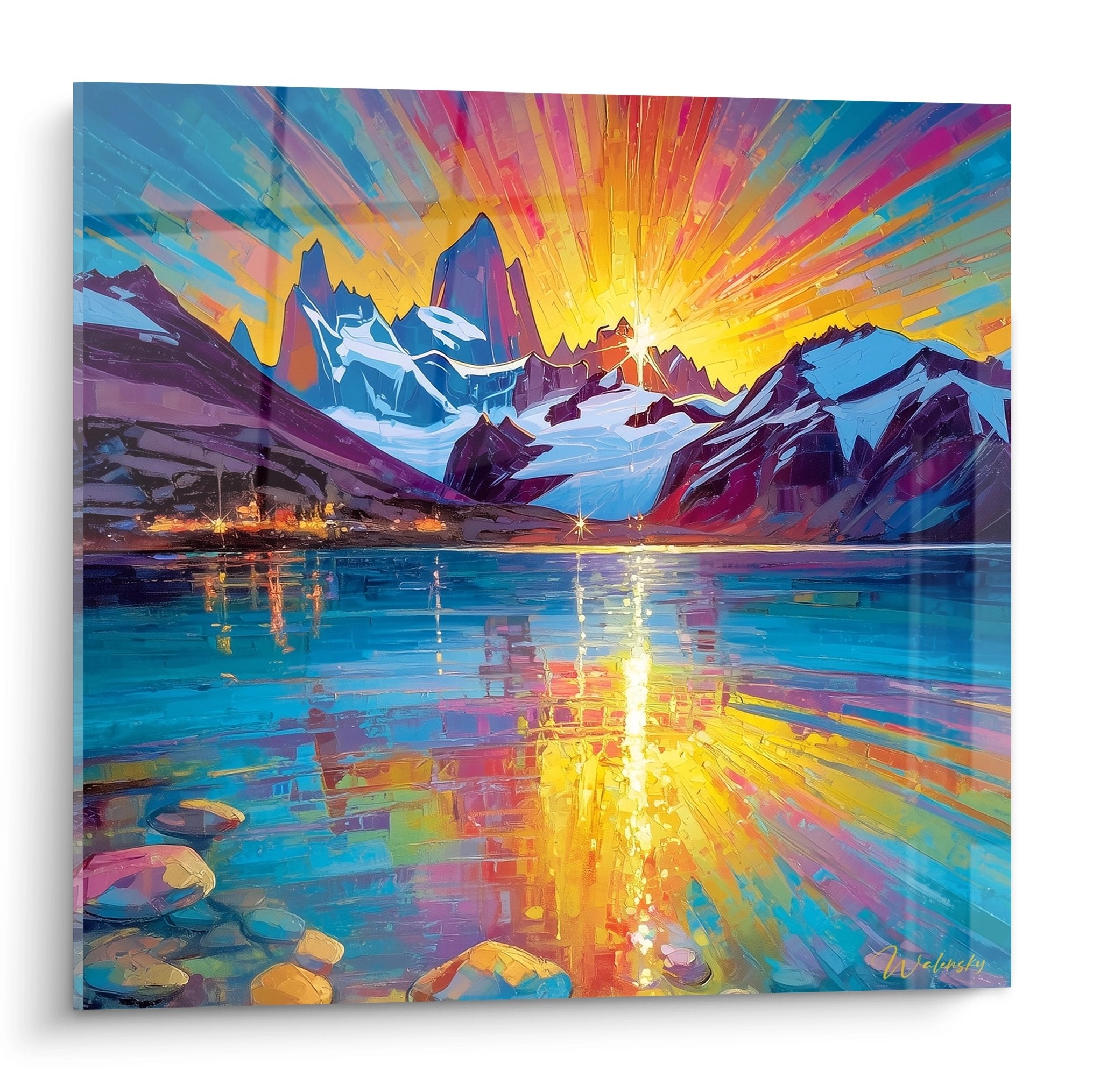 Tableau mural montagne lever soleil avec sommets enneigés et lac reflétant lumière dorée