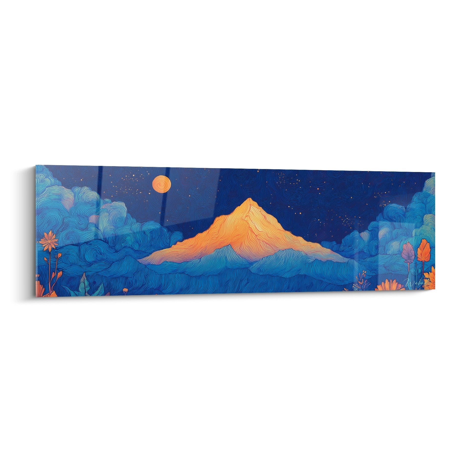 Tableau mural montagne stylisée nocturne aux tons bleus et oranges avec sommet étoilé et nuages artistiques