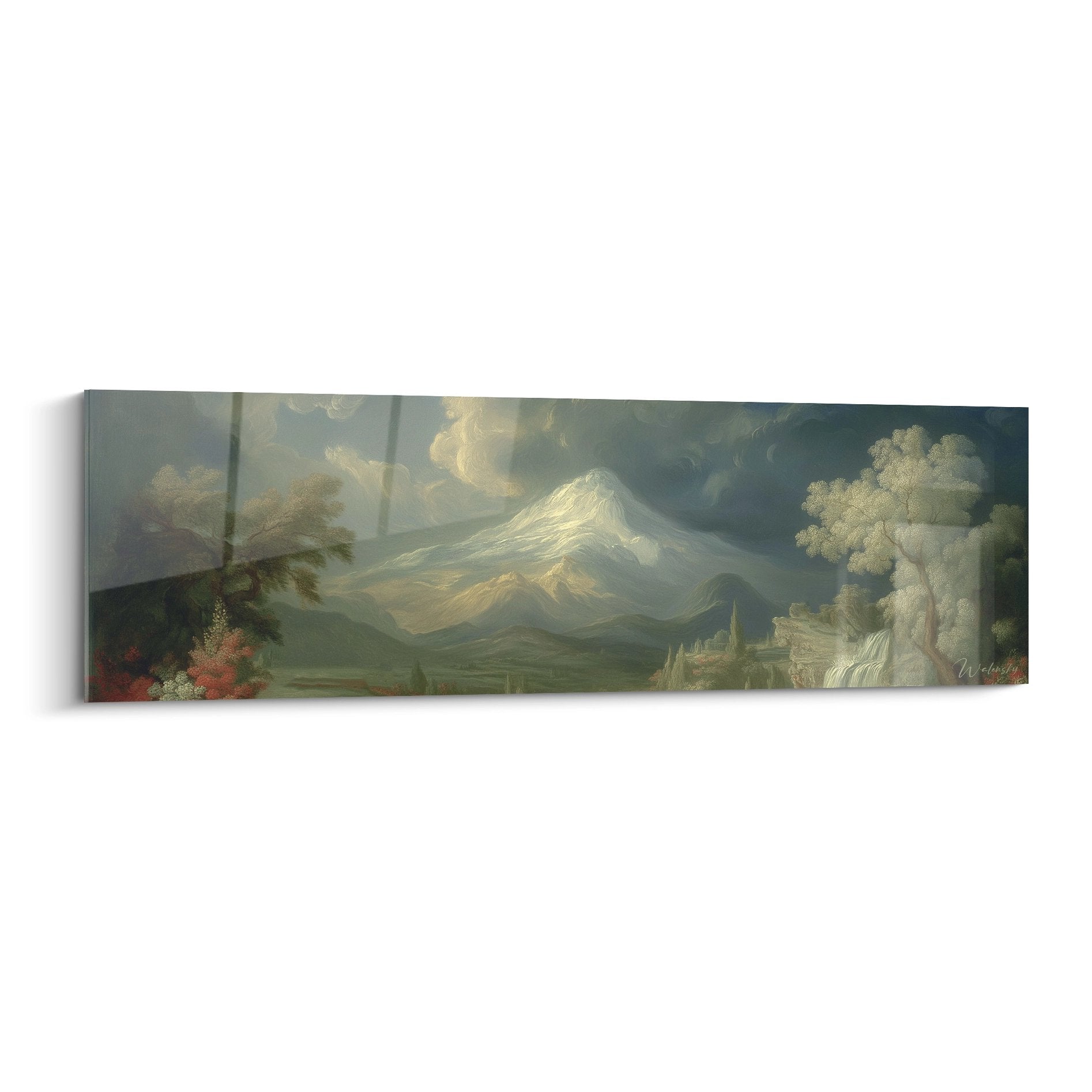 Tableau mural paysage volcanique romantique avec montagne enneigée et végétation tropicale luxuriante