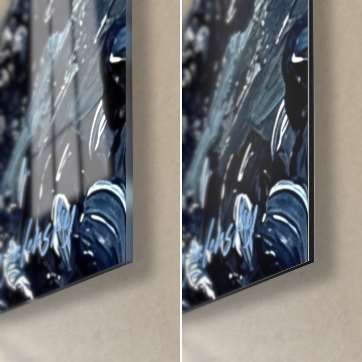 Tableau moules noires sur rocher, coin bas droit : verre acrylique brillant à gauche, alu Dibond mat à droite, tranche de 3 mm