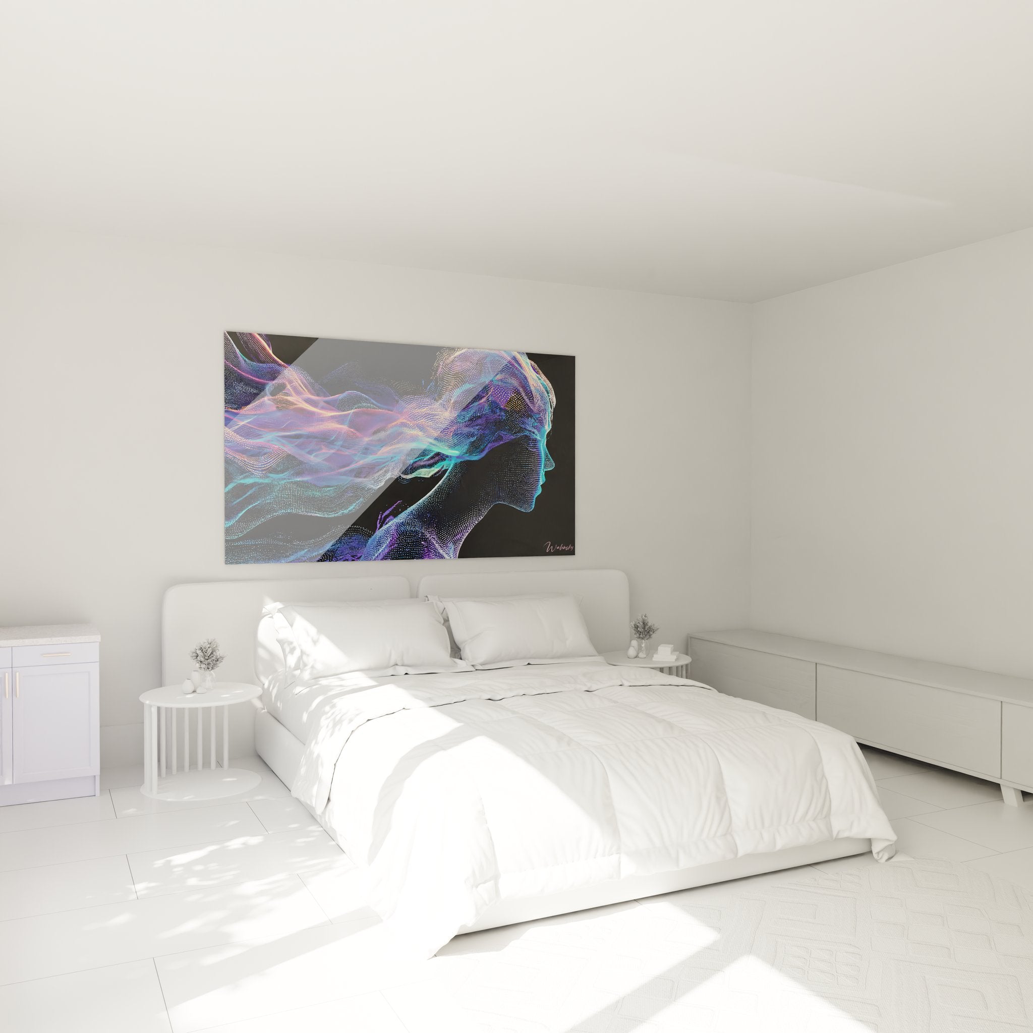 Tableau mural neuronal profil luminescent installé en décoration chambre ambiance moderne design