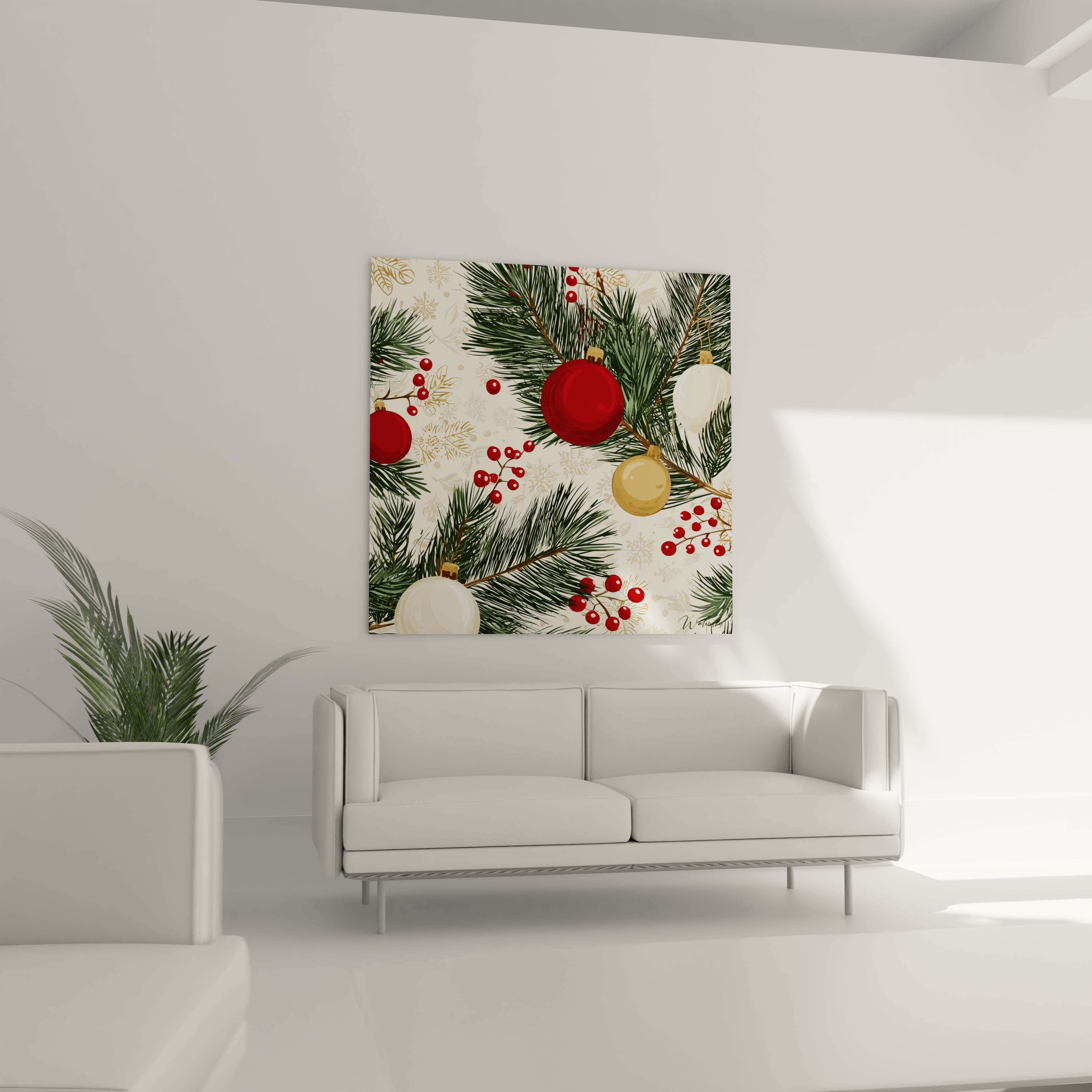 Tableau mural Noël boules de sapin décoratif avec motifs de sapin et boules colorées sur fond clair