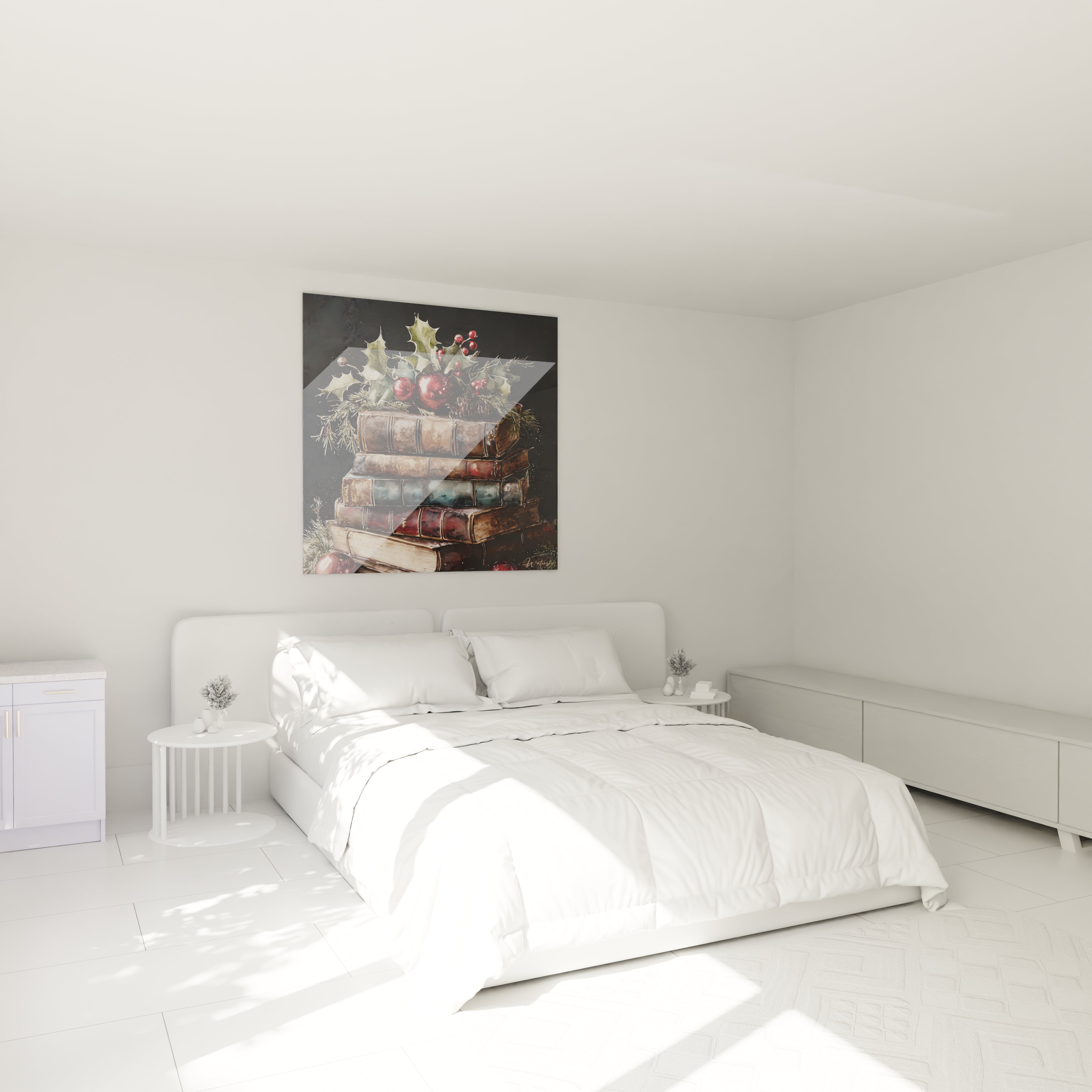 Tableau mural Noël livres contes avec une illustration de livres décoratifs sur un mur d'une chambre moderne