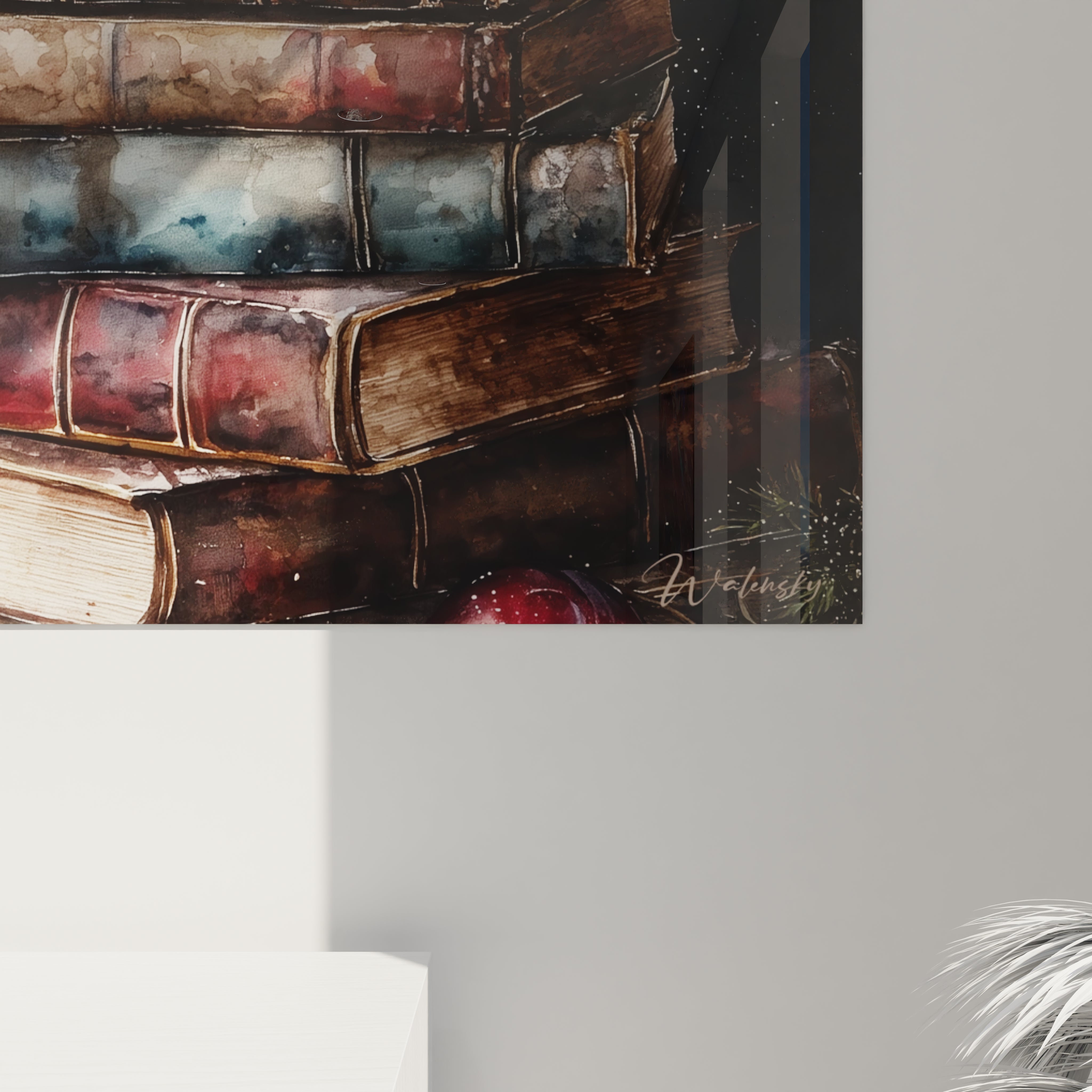 Tableau mural Noël livres contes avec des livres anciens empilés pour une décoration chaleureuse