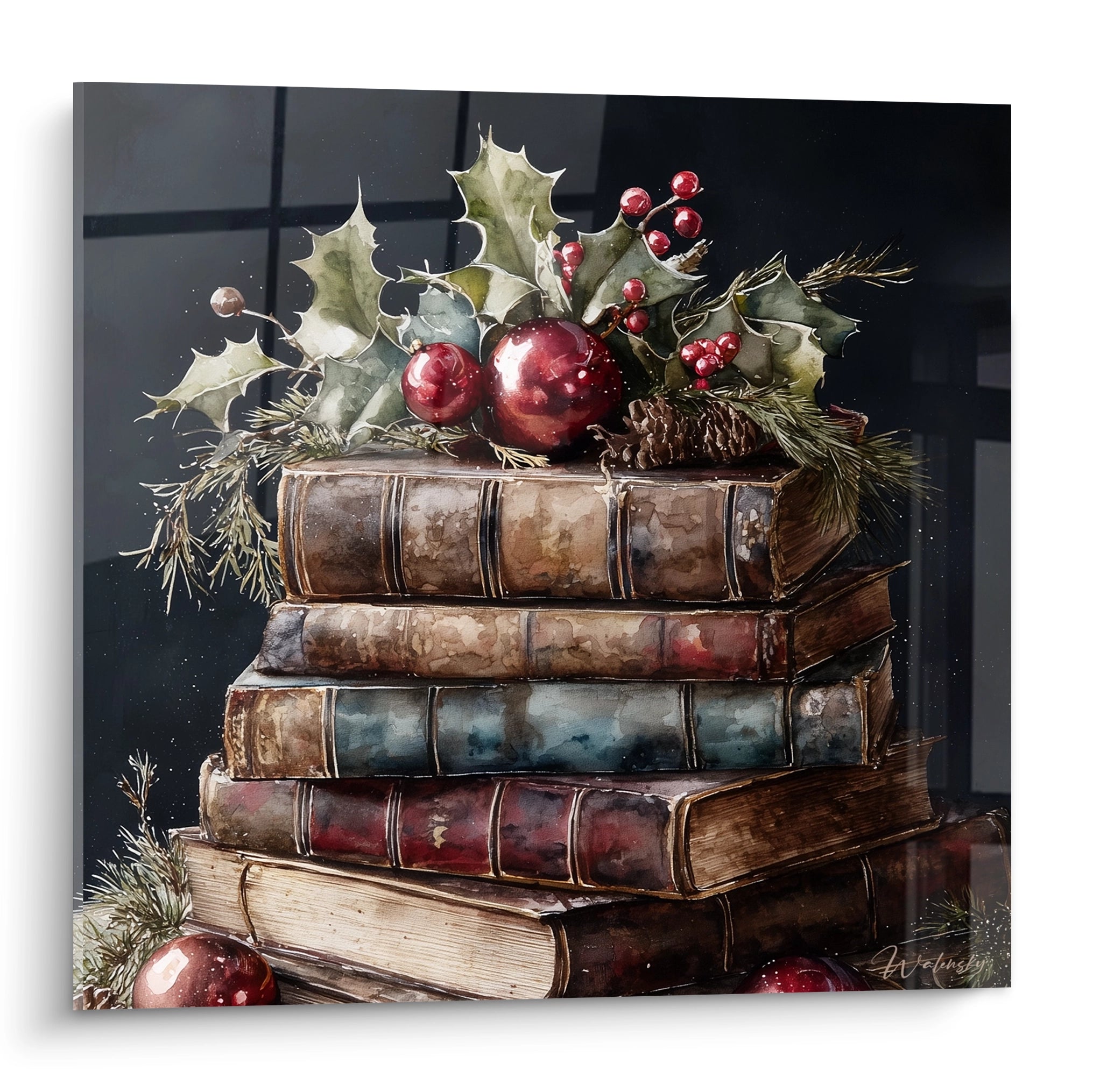 Tableau mural Noël livres contes avec des livres décorés de houx et de boules de Noël