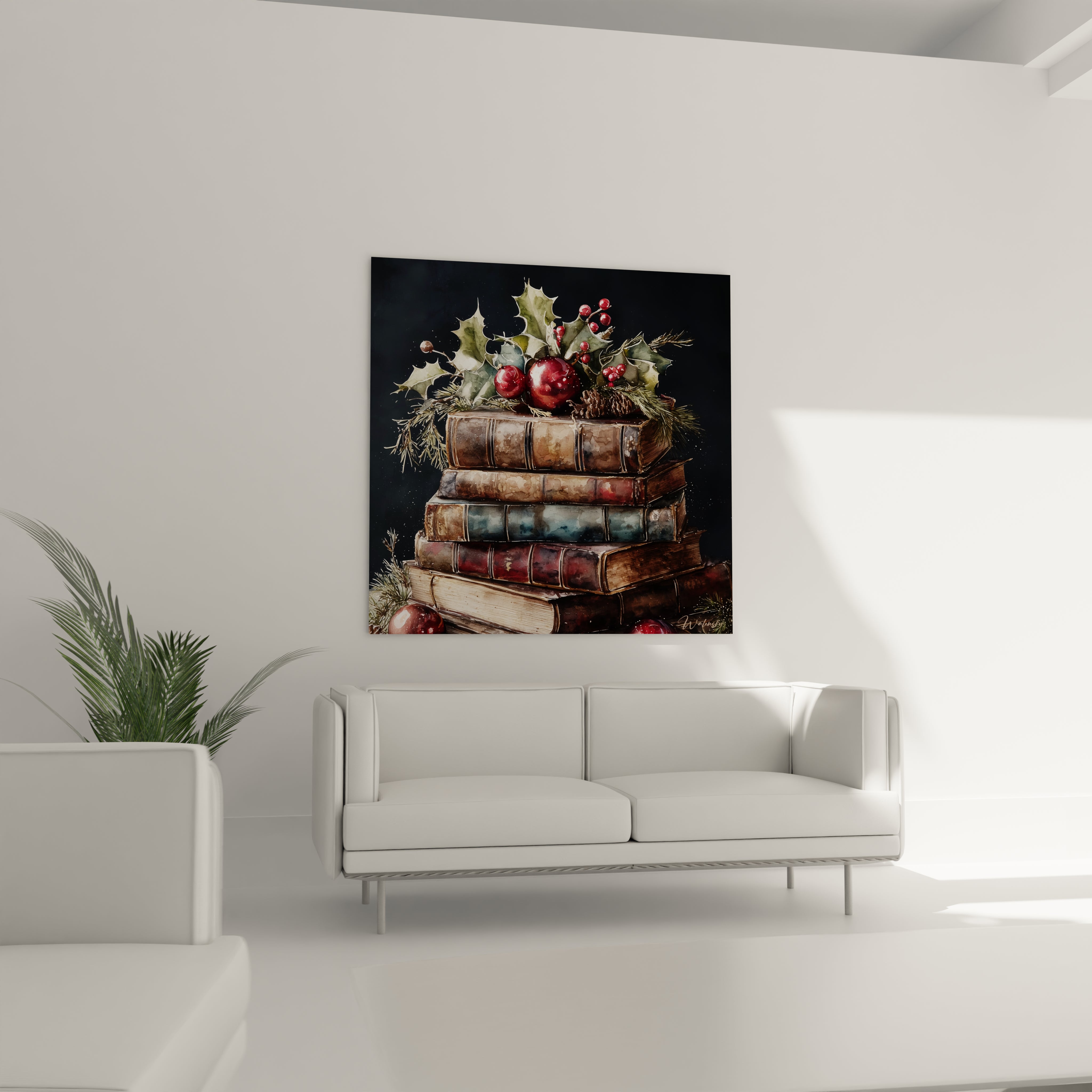 Tableau mural Noël livres contes décoratif avec des livres anciens et des éléments de Noël