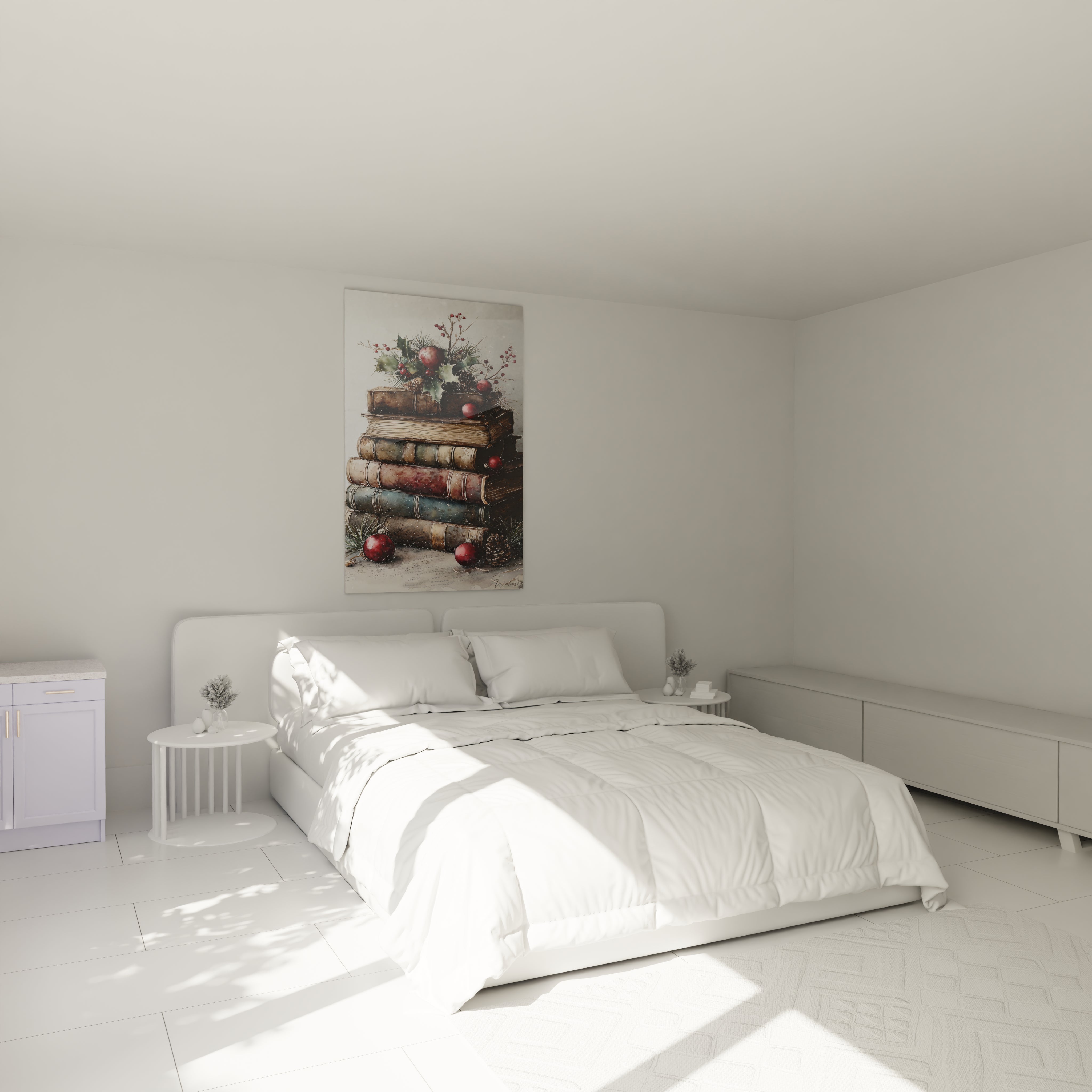 Tableau mural Noël livres décoratif avec des livres empilés et des éléments festifs dans une chambre moderne