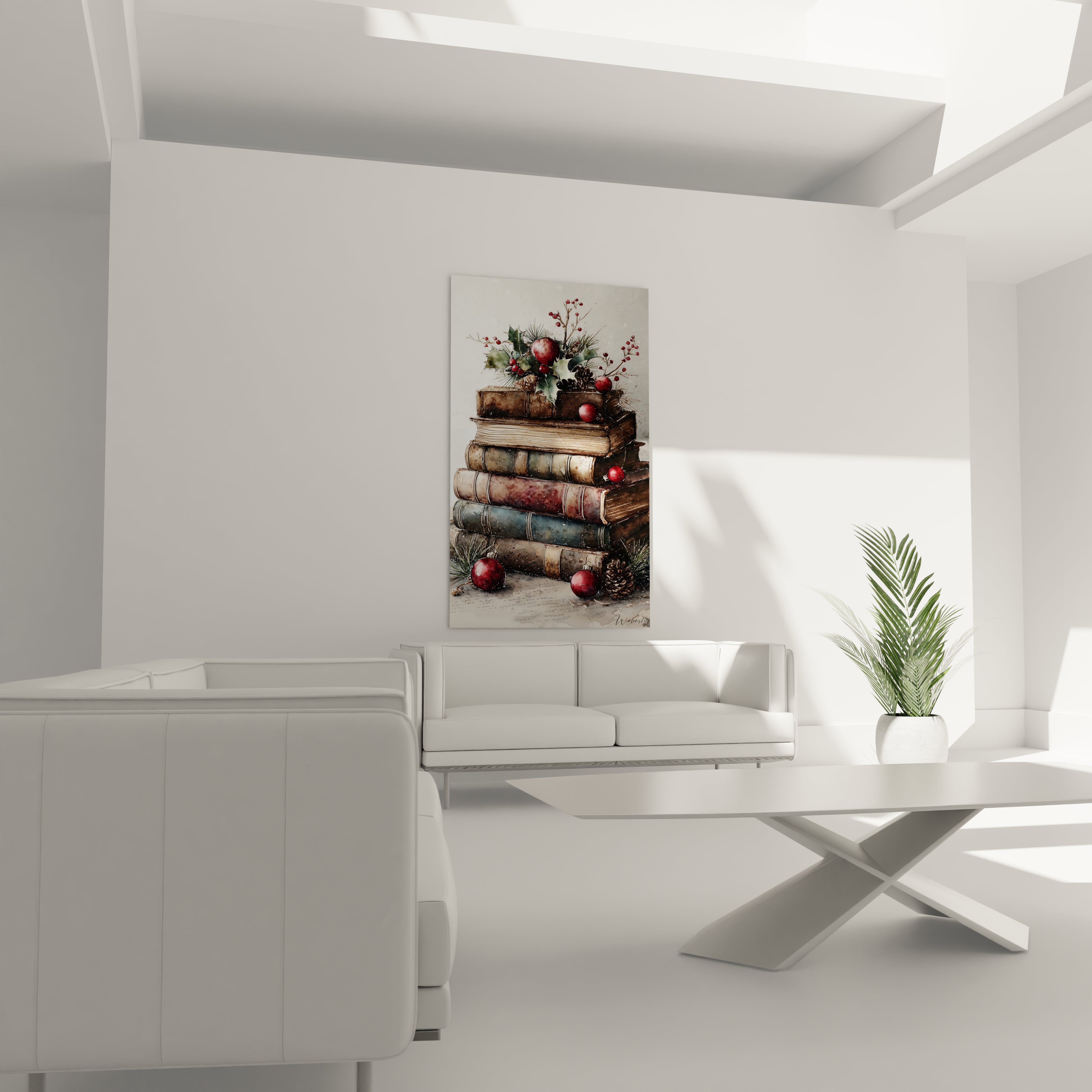 Tableau mural Noël livres avec des livres empilés et des décorations festives pour ajouter une touche chaleureuse à votre intérieur