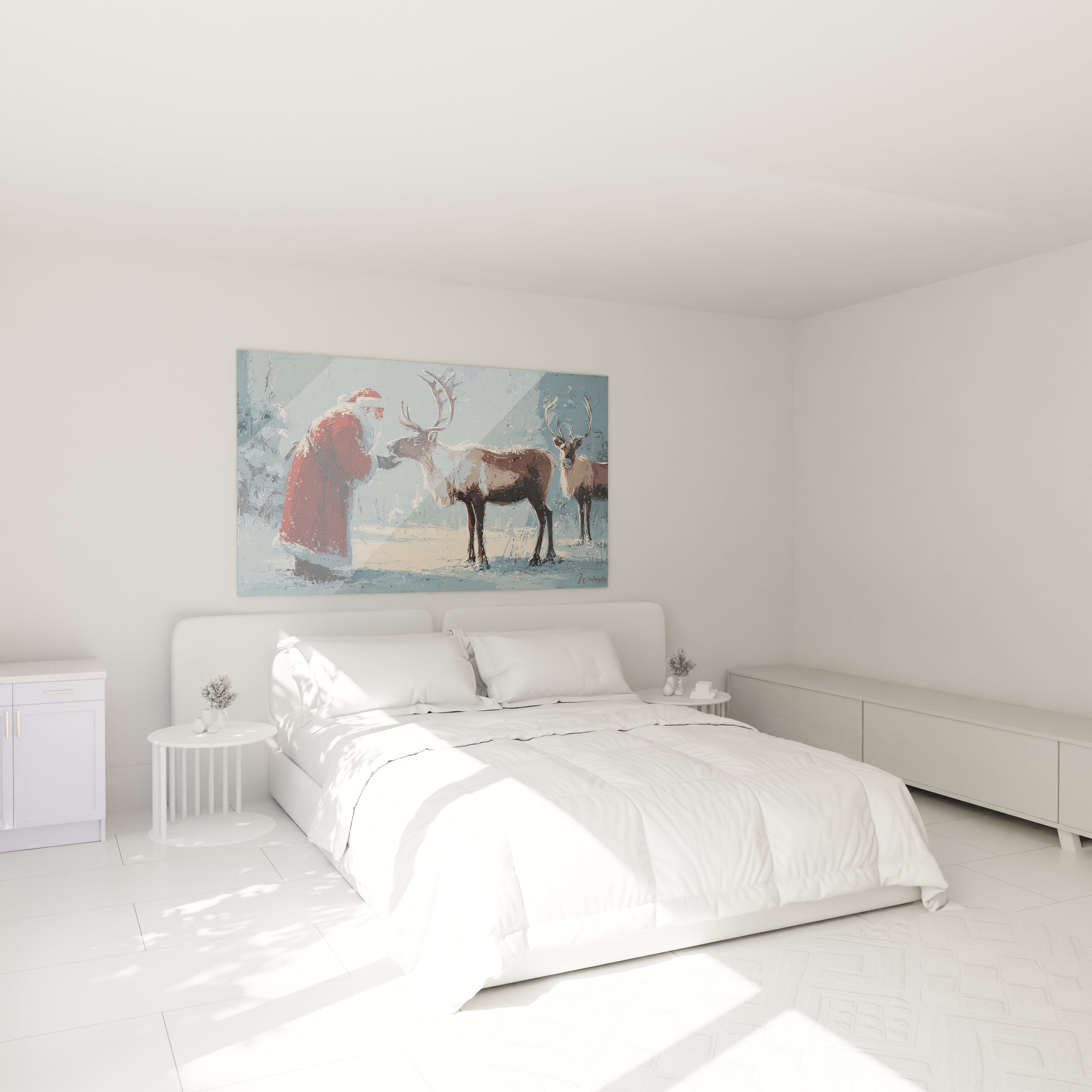 Tableau mural Noël Père Noël avec un père Noël accueillant des rennes dans une chambre moderne