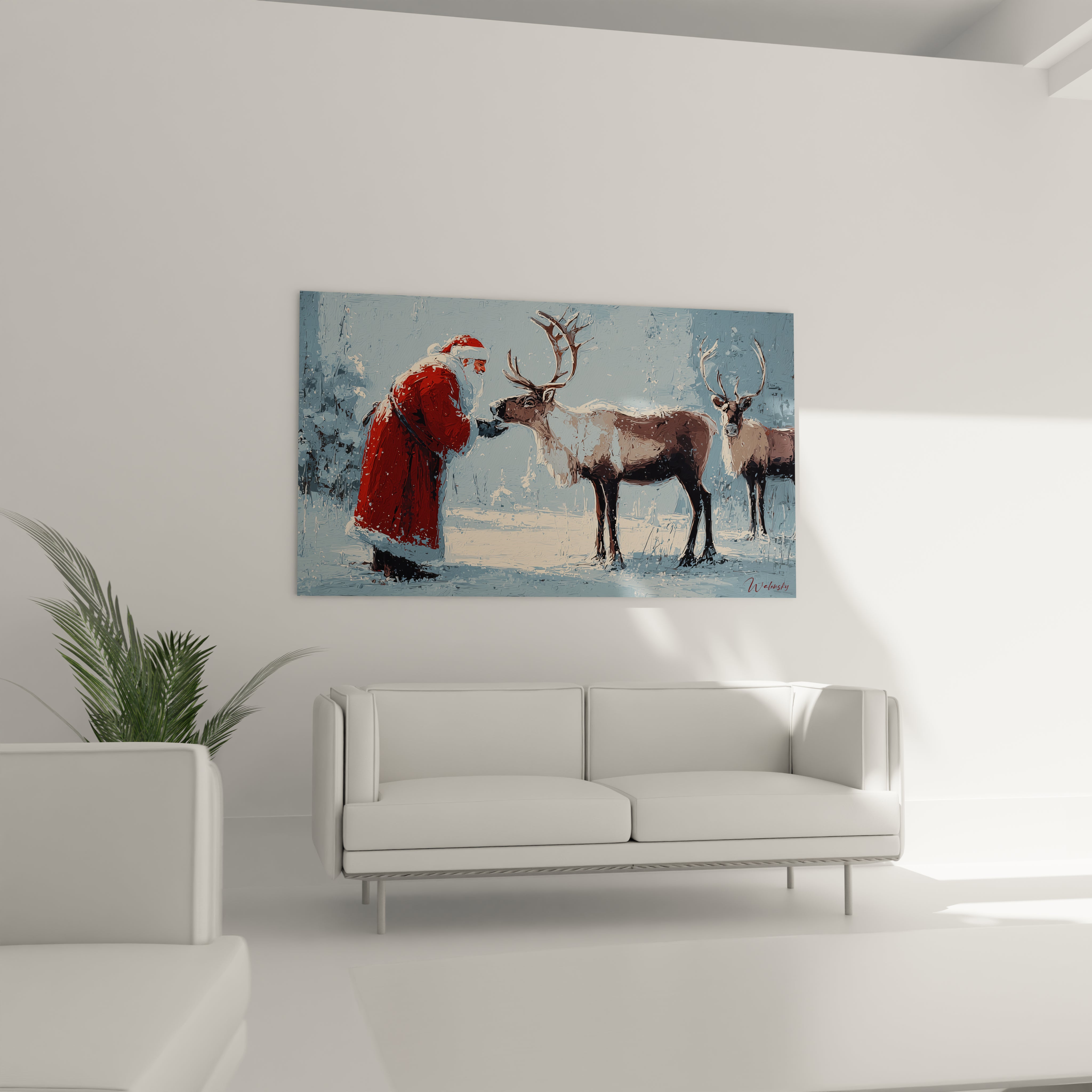 Tableau mural Noël Père Noël avec rennes dans un paysage hivernal, idéal pour des décorations festives