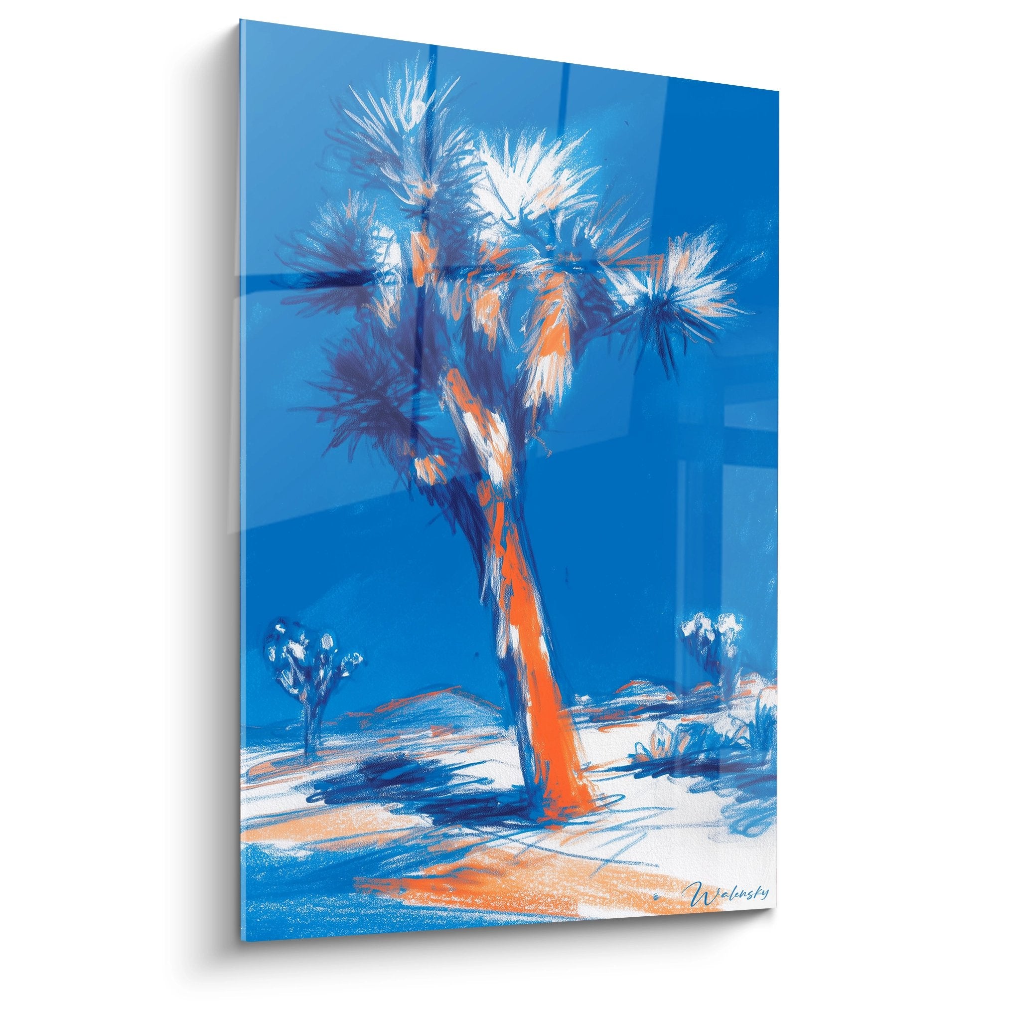 Tableau mural palmier désert bleu orange, art moderne oasis, décoration murale contemporaine