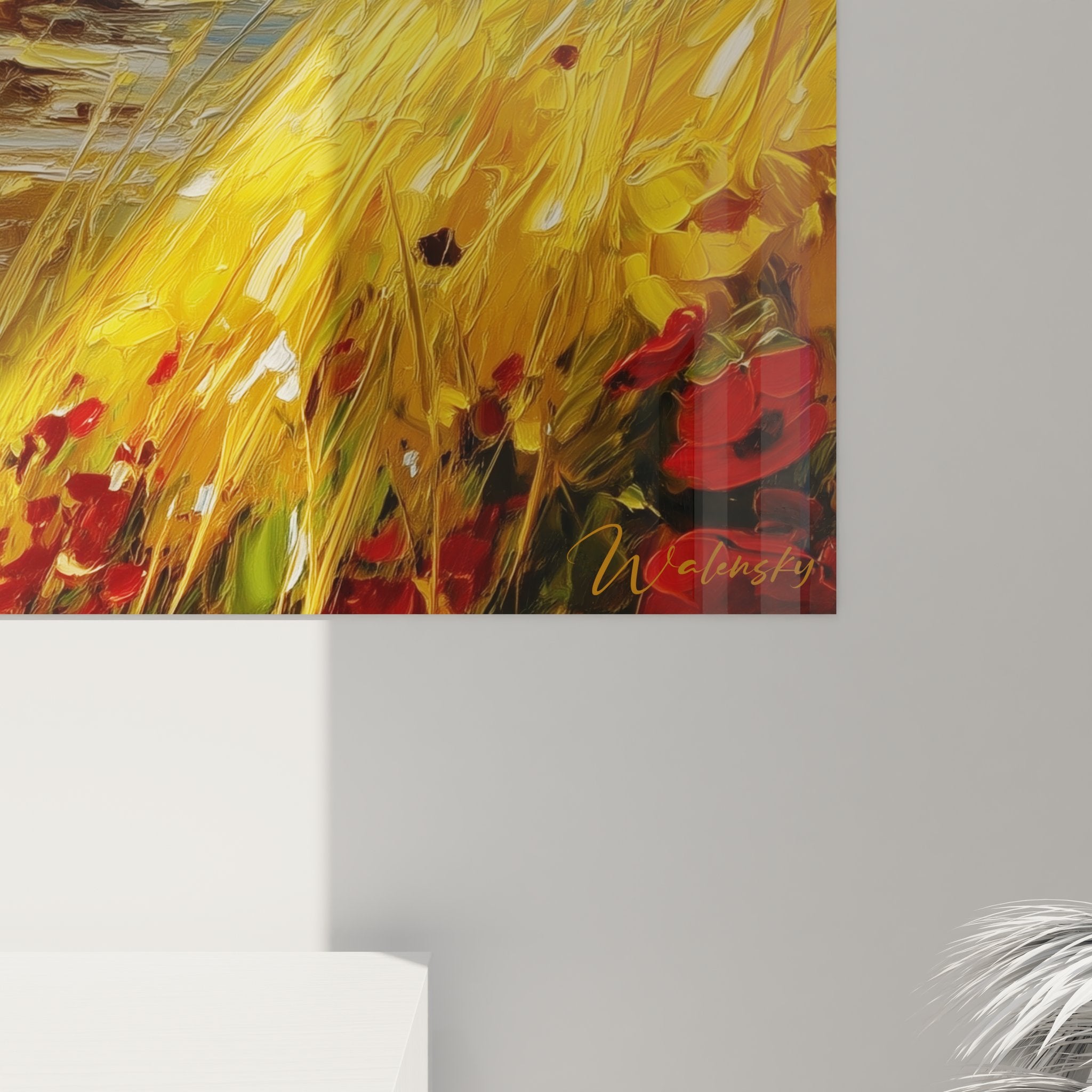 Vue ensemble tableau mural lac alpin, paysage montagnard décoratif tons dorés