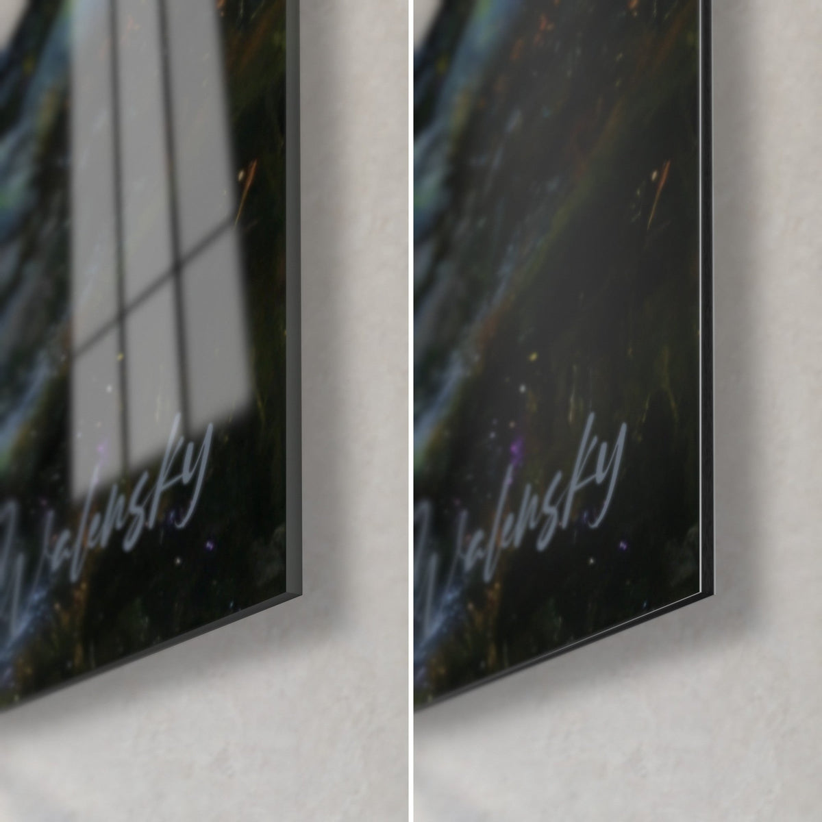 Gemälde Bergkessel, untere rechte Ecke: glänzendes Acrylglas links, matter Alu-Dibond rechts, schwarze 3-mm-Kante