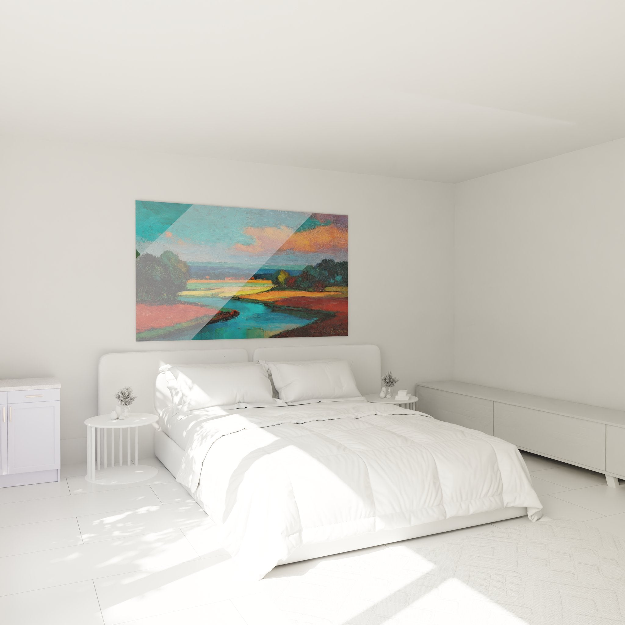 Tableau mural paysage rivière dans chambre moderne décoration campagne colorée