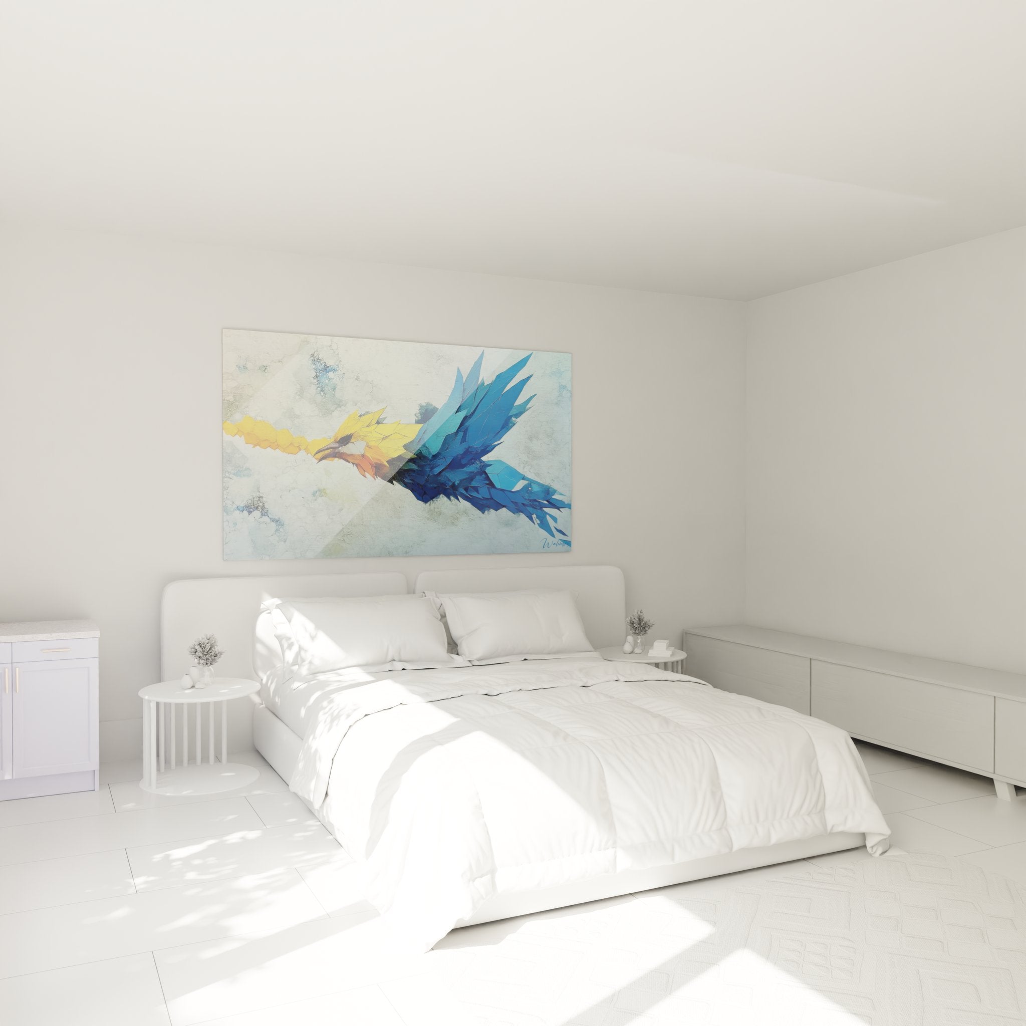 Tableau perroquet abstrait décorant une chambre moderne, art mural contemporain aux couleurs vives