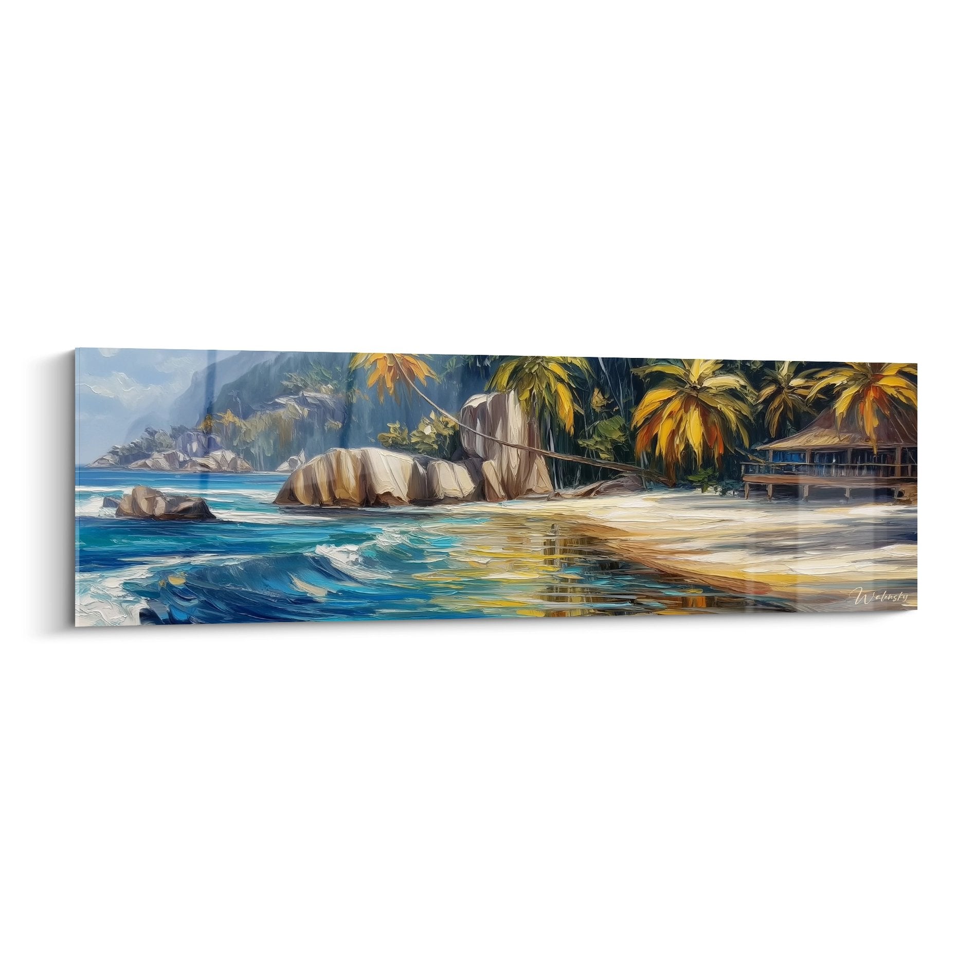 Tableau mural plage tropicale avec lagon turquoise, palmiers dorés et rochers granitiques style Seychelles