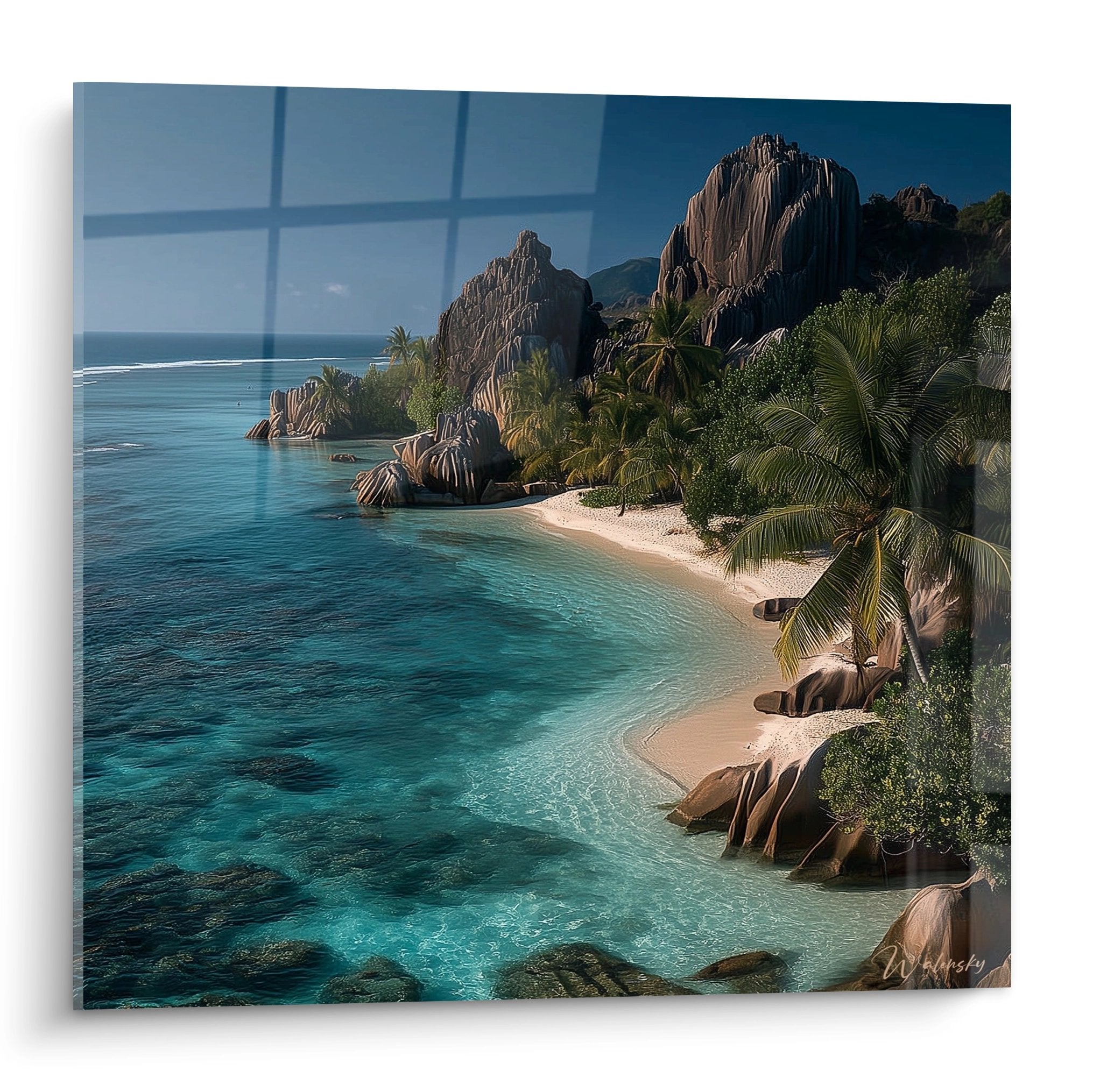 Tableau mural plage tropicale Seychelles avec rochers granit rose, palmiers et océan turquoise cristallin