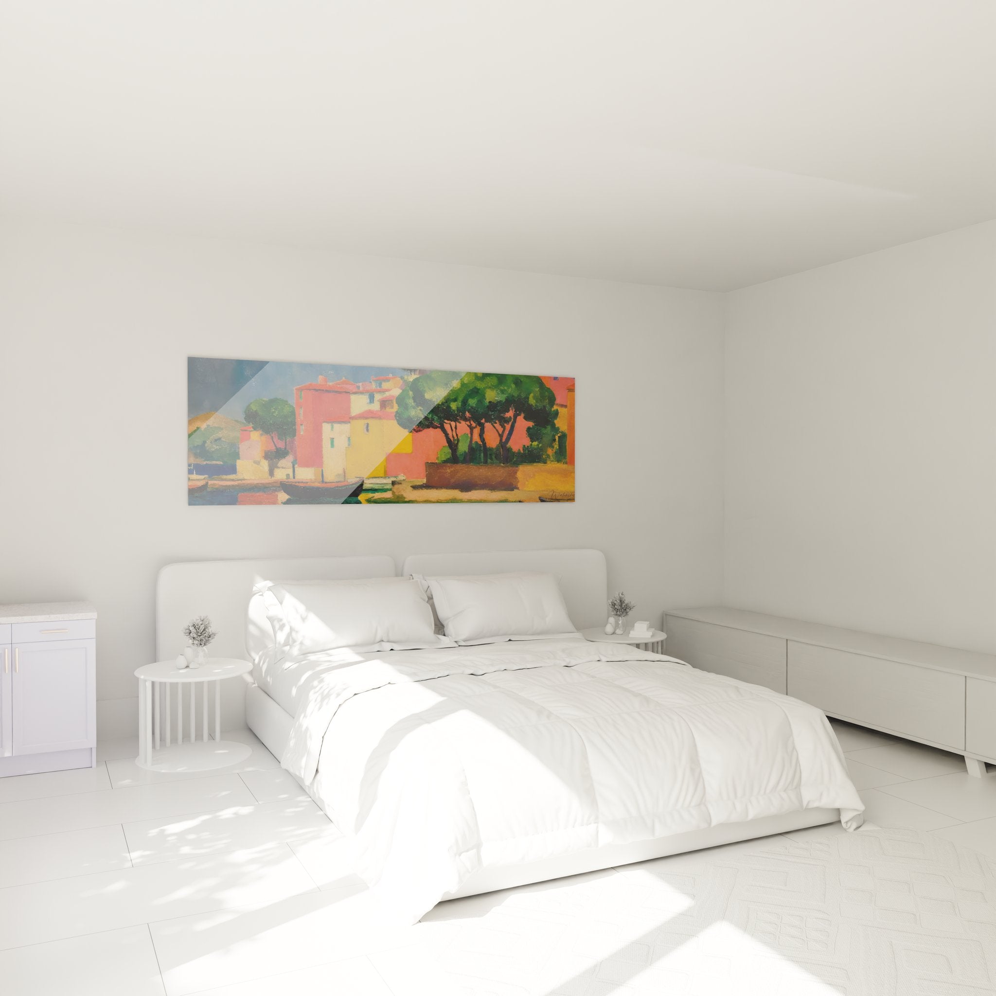 Tableau mural port méditerranéen dans ambiance chambre moderne et apaisante