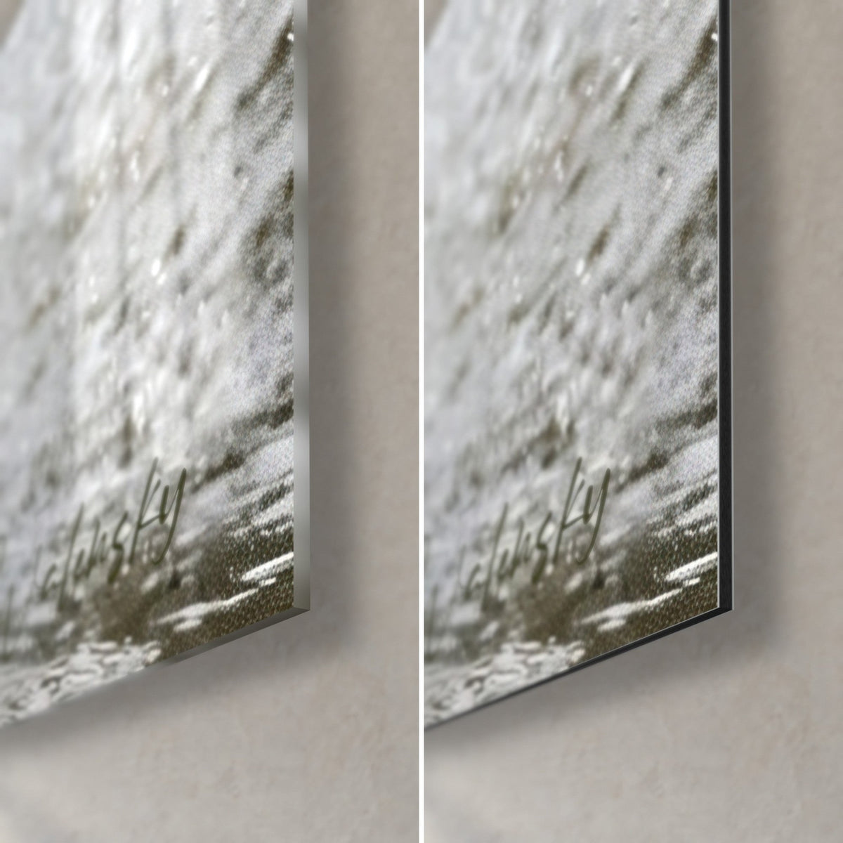 Quadro Puli gocciolante, angolo in basso a destra: vetro acrilico lucido a sinistra, alluminio Dibond opaco bianco sporco a destra, bordo nero da 3 mm