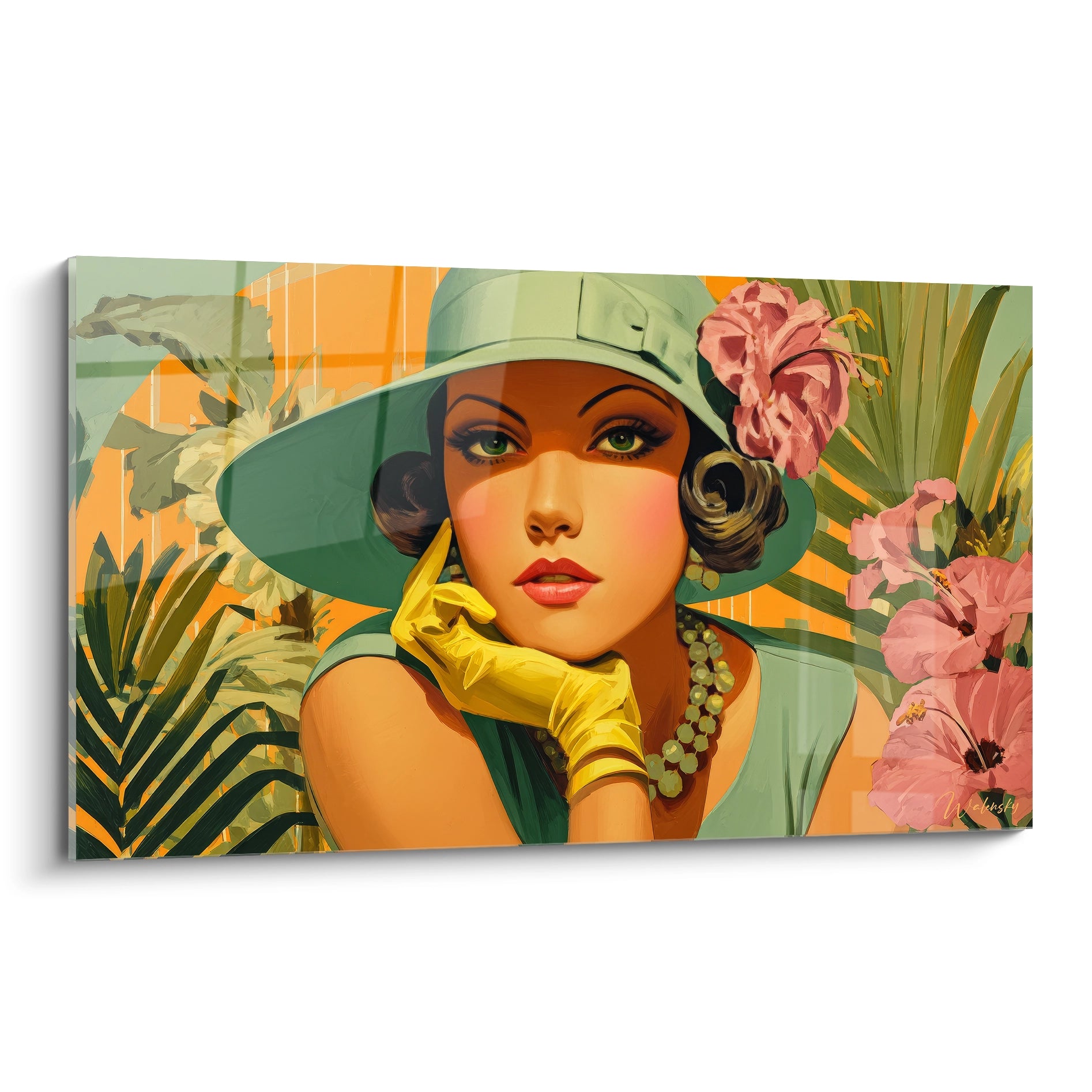 Tableau mural rétro luxe représentant une femme élégante avec chapeau et gants jaunes dans un décor floral