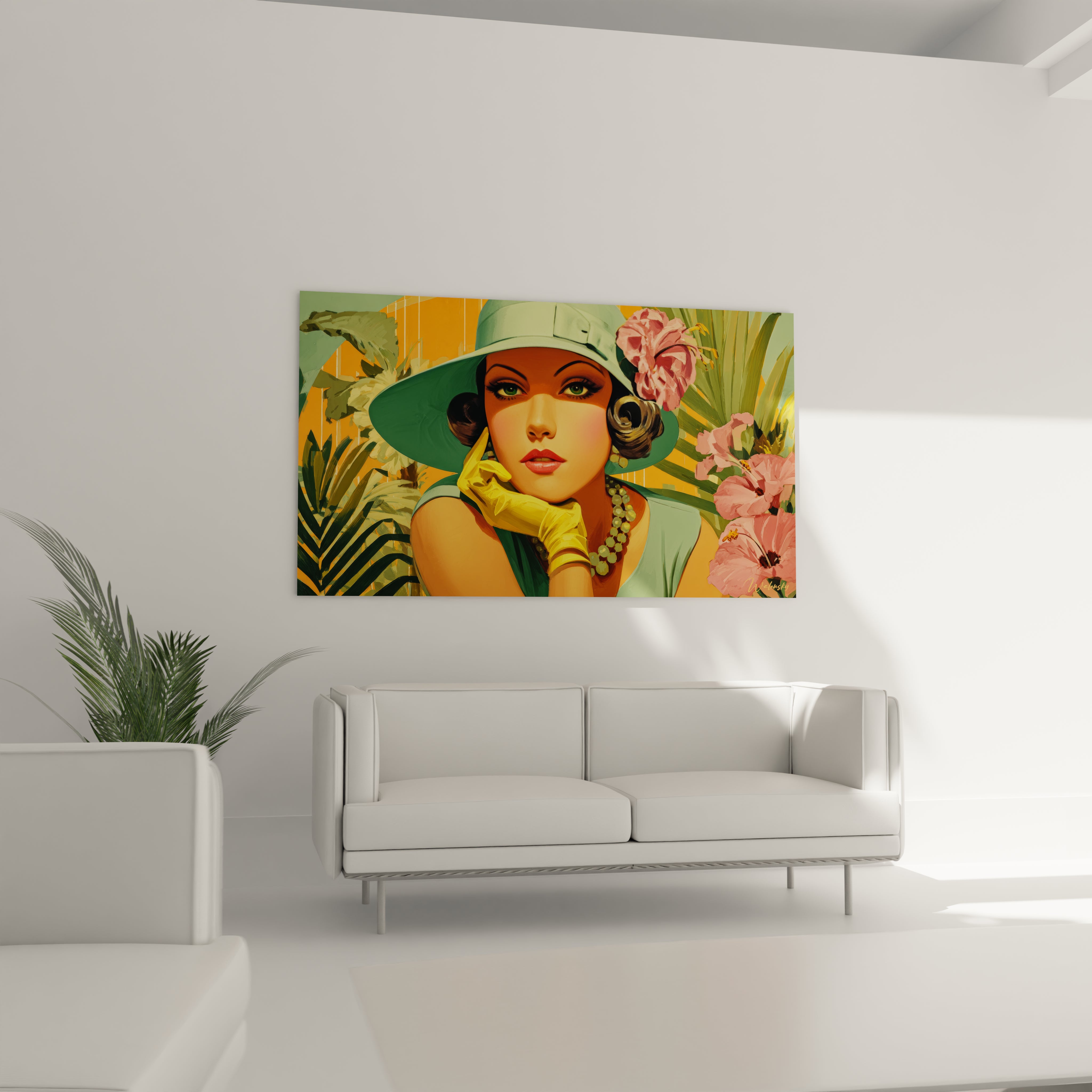 Tableau mural rétro luxe avec une femme élégante entourée de fleurs colorées dans un décor moderne